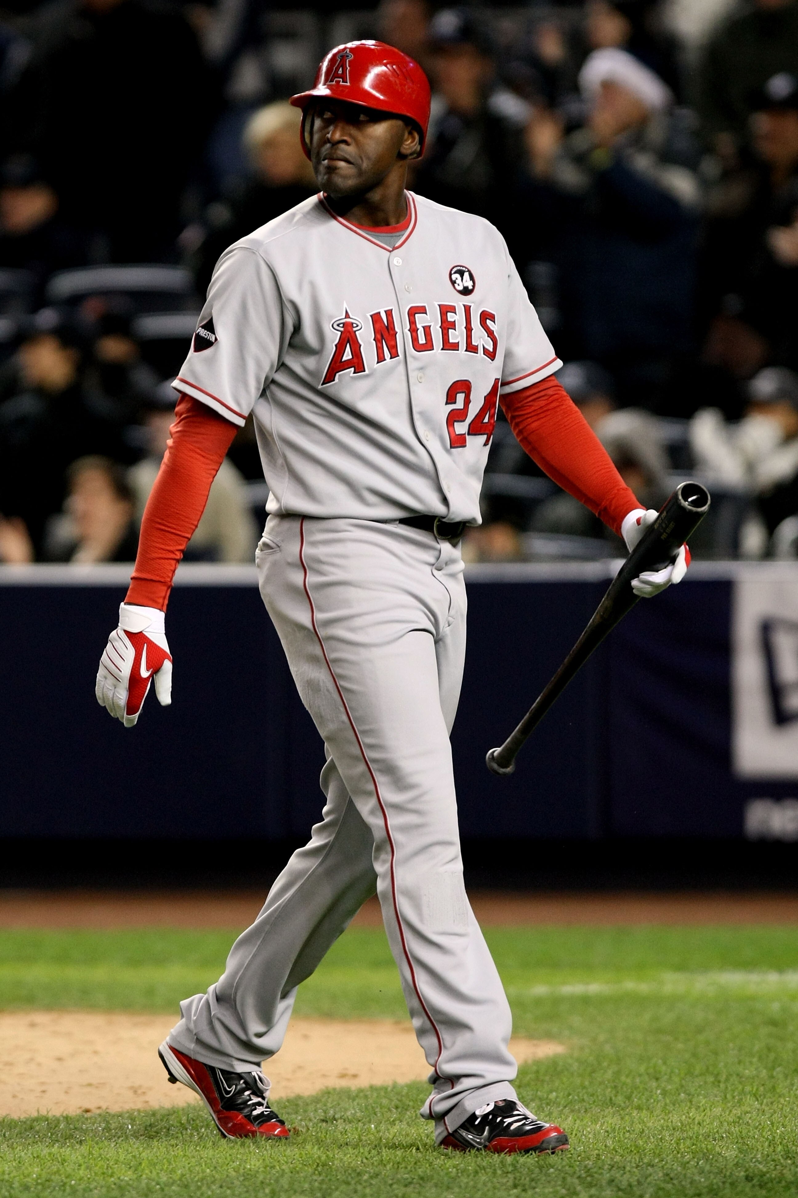 NEW YORK - OCTOBER 17:  Gary Matthews #24 of the Los Angeles Angels of Anaheim strikes out swinging in the top of the eighth inning against the New York Yankees in Game Two of the ALCS during the 2009 MLB Playoffs at Yankee Stadium on October 17, 2009 in