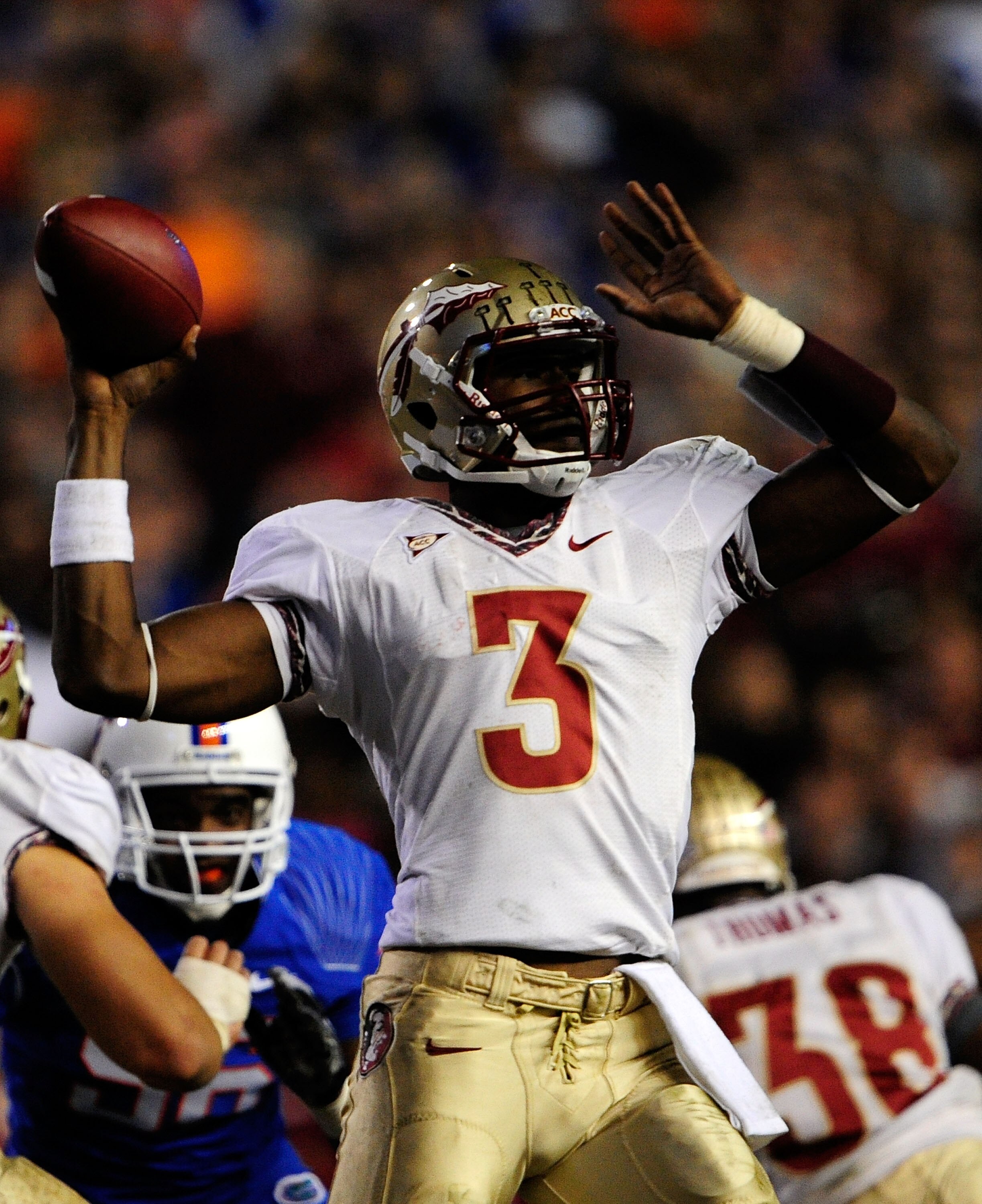 GAINESVILLE, FL - NOVEMBER 28:  EJ Manuel #3 of the Florida State Seminoles attempts a pass against the Florida Gators at Ben Hill Griffin Stadium on November 28, 2009 in Gainesville, Florida.  (Photo by Sam Greenwood/Getty Images)