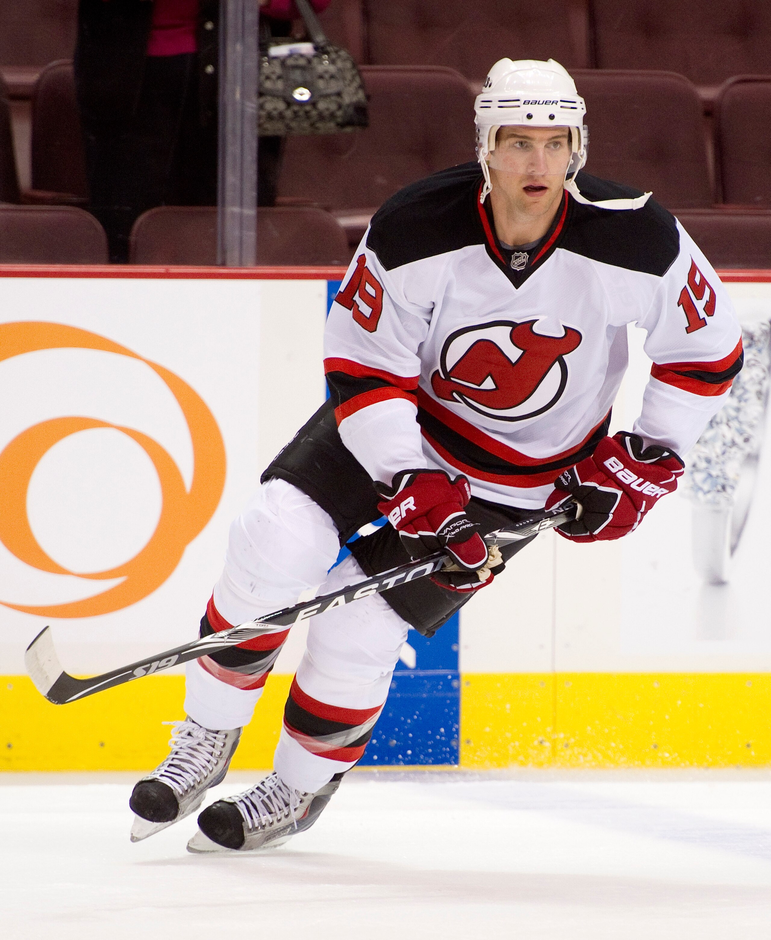 VANCOUVER, CANADA - NOVEMBER 1: Travis Zajac #19 of the New Jersey Devils takes part in the pre-game warm up prior to NHL action against the Vancouver Canucks on November 01, 2010 at Rogers Arena in Vancouver, British Columbia, Canada.  (Photo by Rich Lam