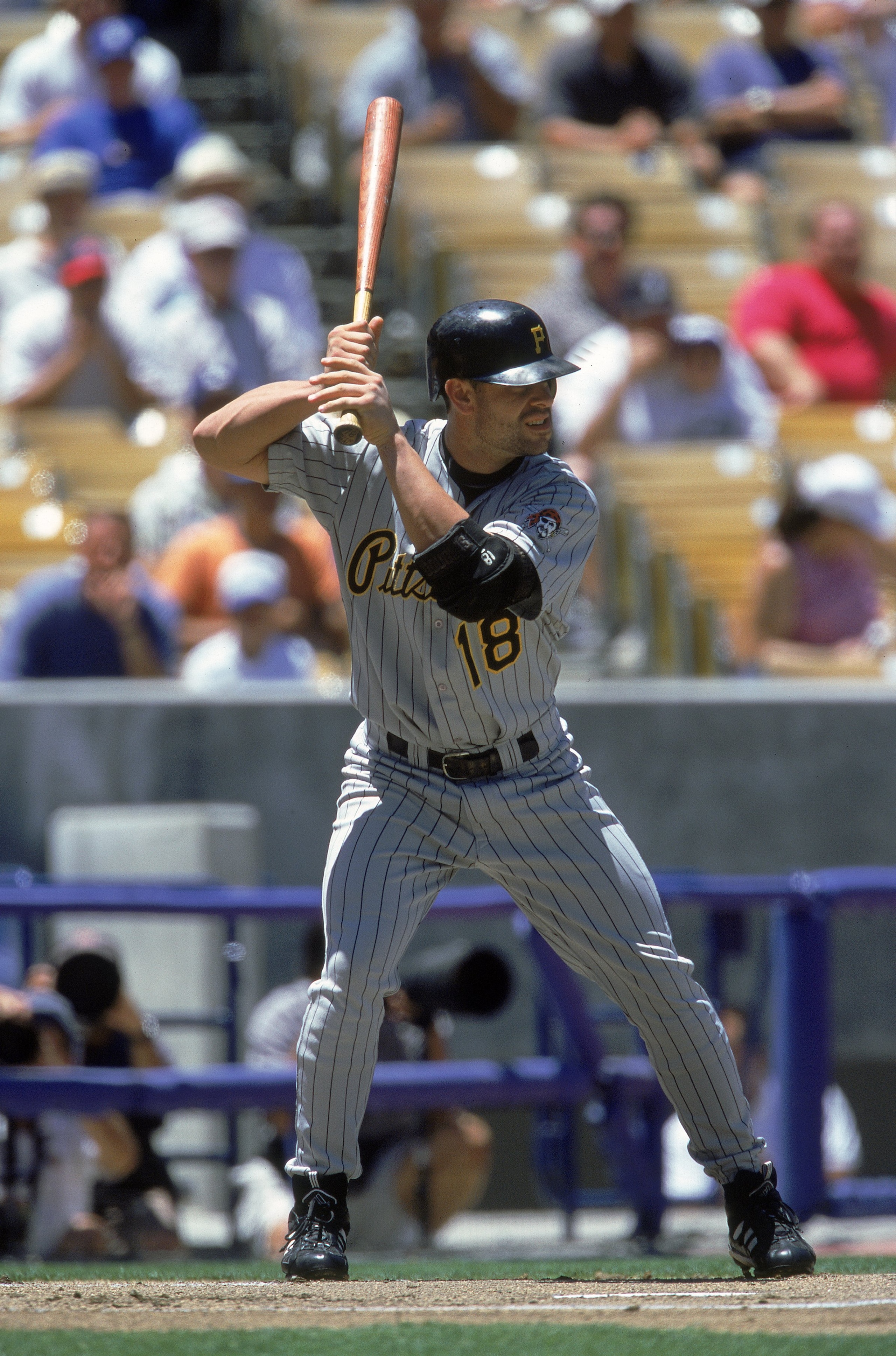 18 Jul 2000:  Jason Kendall #18 of the Pittsburgh Pirates in action at bat during the game against the Los Angeles Dodgers at Dodgers Stadium in Los Angeles, California.  The Pirates defeated the Dodgers 8-6.Mandatory Credit: Jon Ferrey  /Allsport