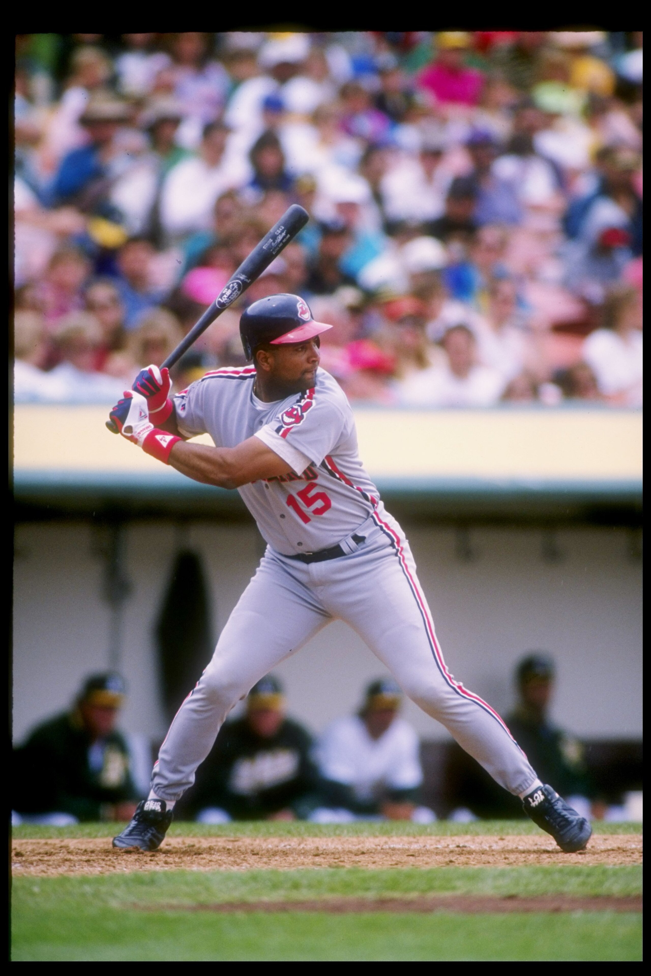 25 Apr 1993:  Catcher Sandy Alomar of the Cleveland Indians prepares to swing at the ball during a game against the Oakland Athletics at the Oakland Alameda Coliseum in Oakland, California. Mandatory Credit: Otto Greule  /Allsport