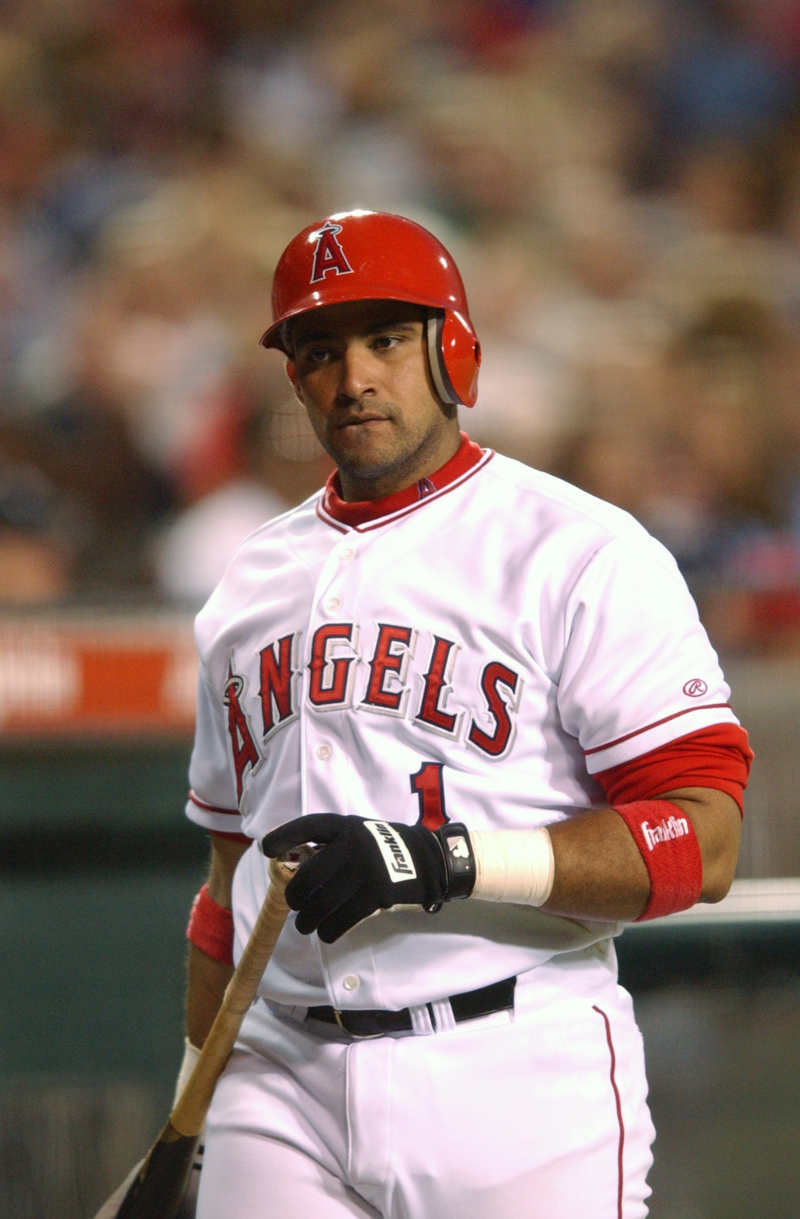 ANAHEIM, CA - MAY 10:  Bengie Molina #1 of the Anaheim Angels holds the bat during the game against the Chicago White Sox at Edison Field in Anaheim, California on May 10, 2002. The Angels won 19-0. (Photo by Harry How/Getty Images)