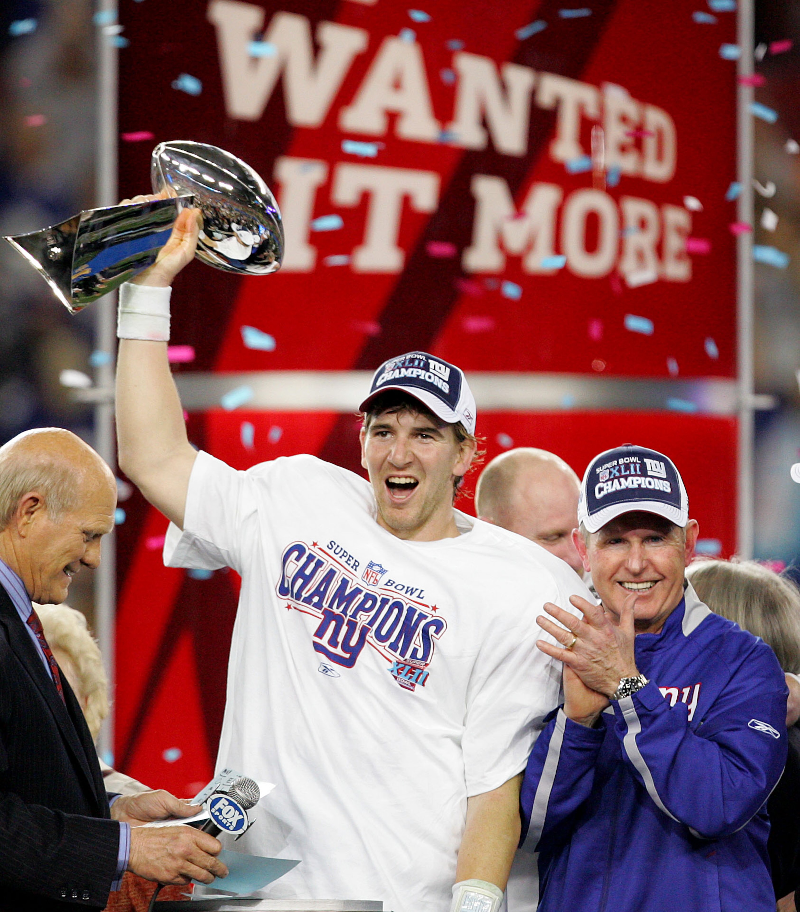 GLENDALE, AZ - FEBRUARY 03: Quarterback Eli Manning #10 of the New York Giants holds the Vince Lombardi Trophy after defeating the New England Patriots 17 0 14 after Super Bowl XLII on February 3, 2008 at the University of Phoenix Stadium in Glendale, Ar GLENDALE, AZ - FEBRUARY 03: Quarterback Eli Manning #10 of the New York Giants holds the Vince Lombardi Trophy after defeating the New England Patriots 17 0 14 after Super Bowl XLII on February 3, 2008 at the University of Phoenix Stadium in Glendale, Ar