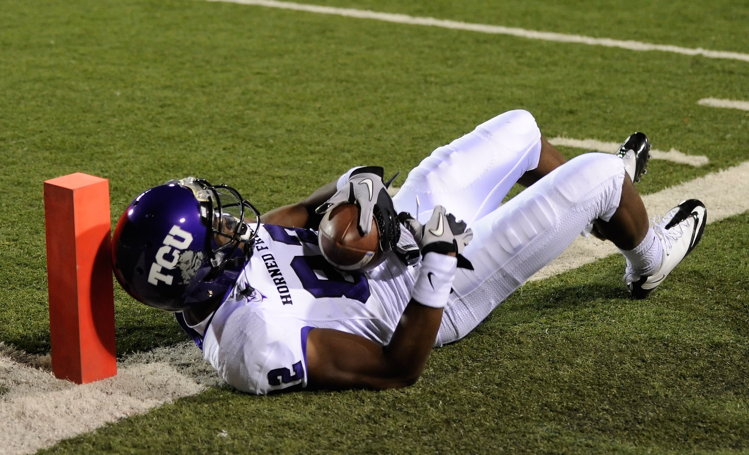 LAS VEGAS - OCTOBER 30:  Josh Boyce #82 of the Texas Christian University Horned Frogs is down just short of the end zone after making a reception against the UNLV Rebels during the second quarter of their game at Sam Boyd Stadium October 30, 2010 in Las