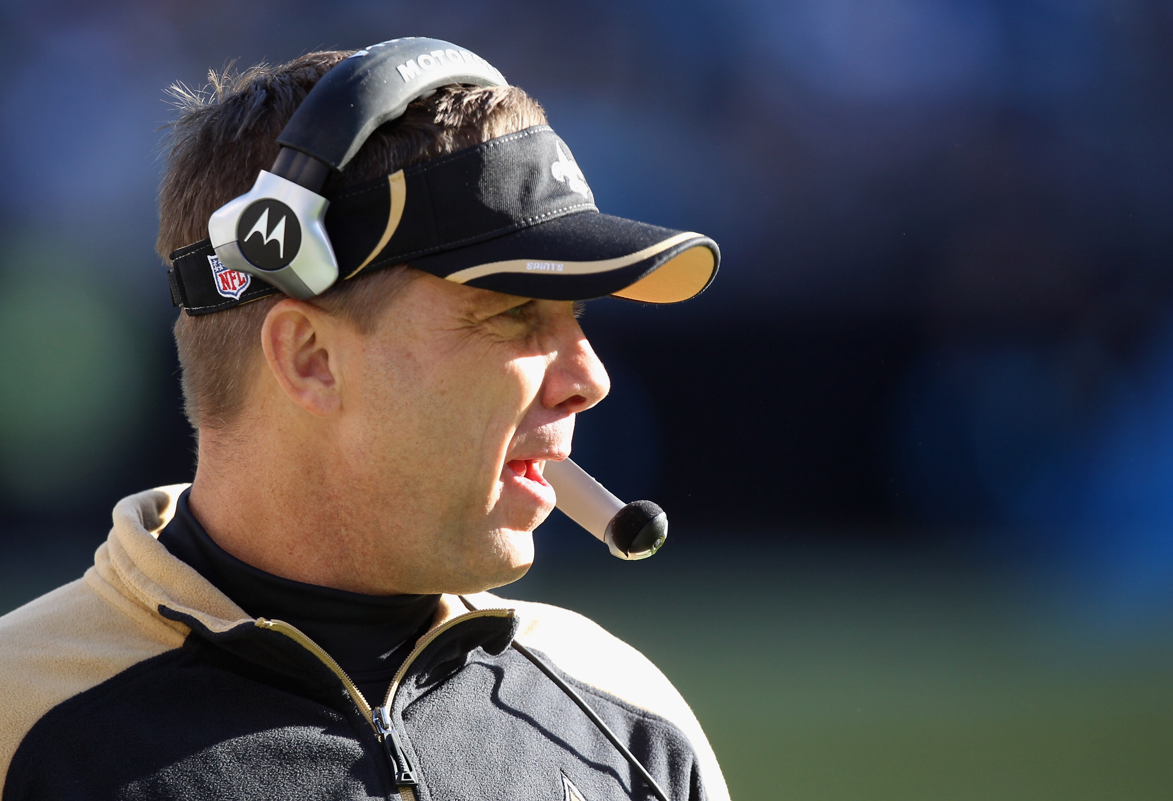 CHARLOTTE, NC - NOVEMBER 07:  Head coach Sean Payton of the New Orleans Saints yells to his team against the Carolina Panthers during their game at Bank of America Stadium on November 7, 2010 in Charlotte, North Carolina.  (Photo by Streeter Lecka/Getty I