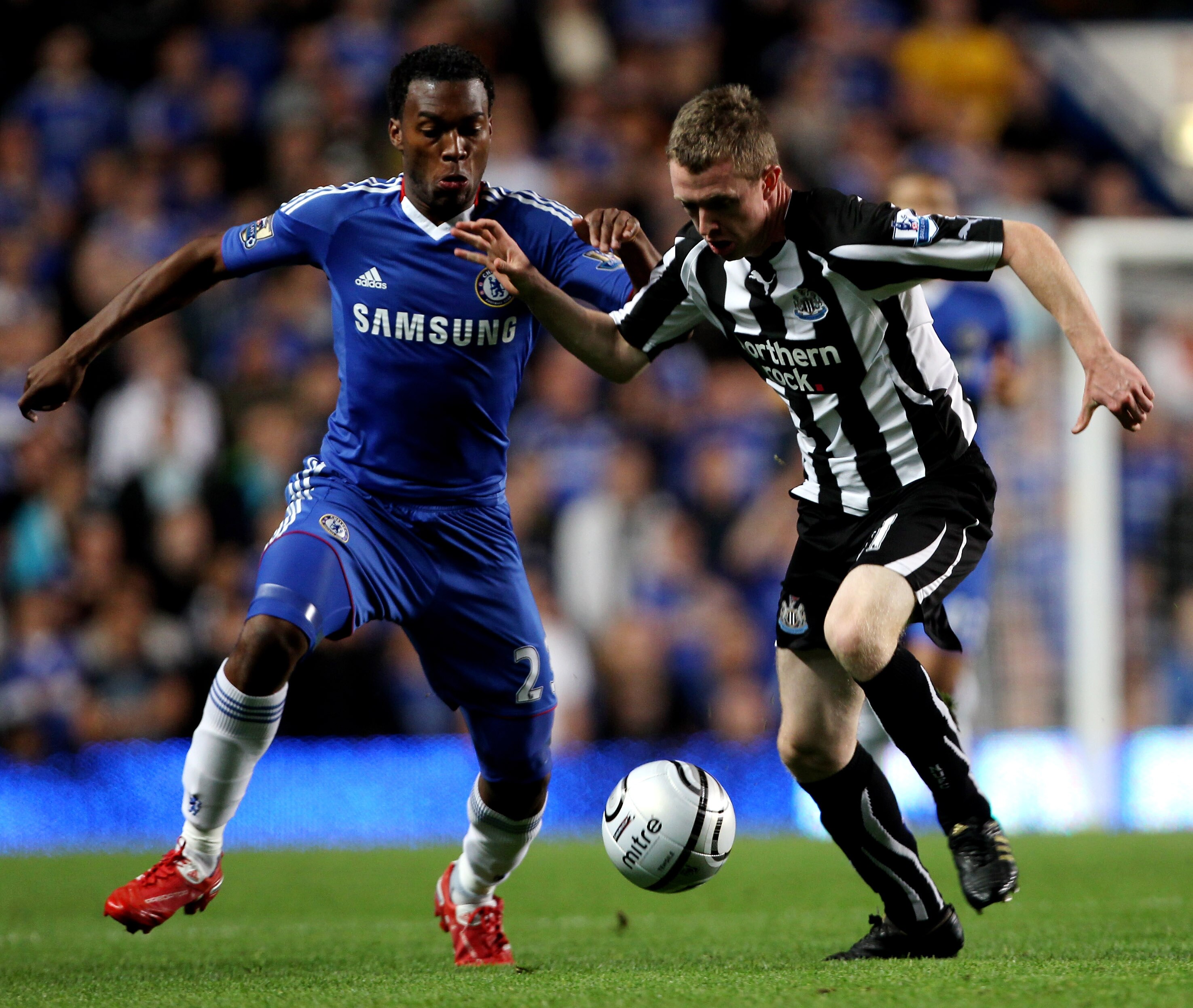 LONDON, ENGLAND - SEPTEMBER 22:  Daniel Sturridge of Chelsea is challenged by Shane Ferguson of Newcastle during the Carling Cup third round match between Chelsea and Newcastle United at Stamford Bridge on September 22, 2010 in London, England.  (Photo by