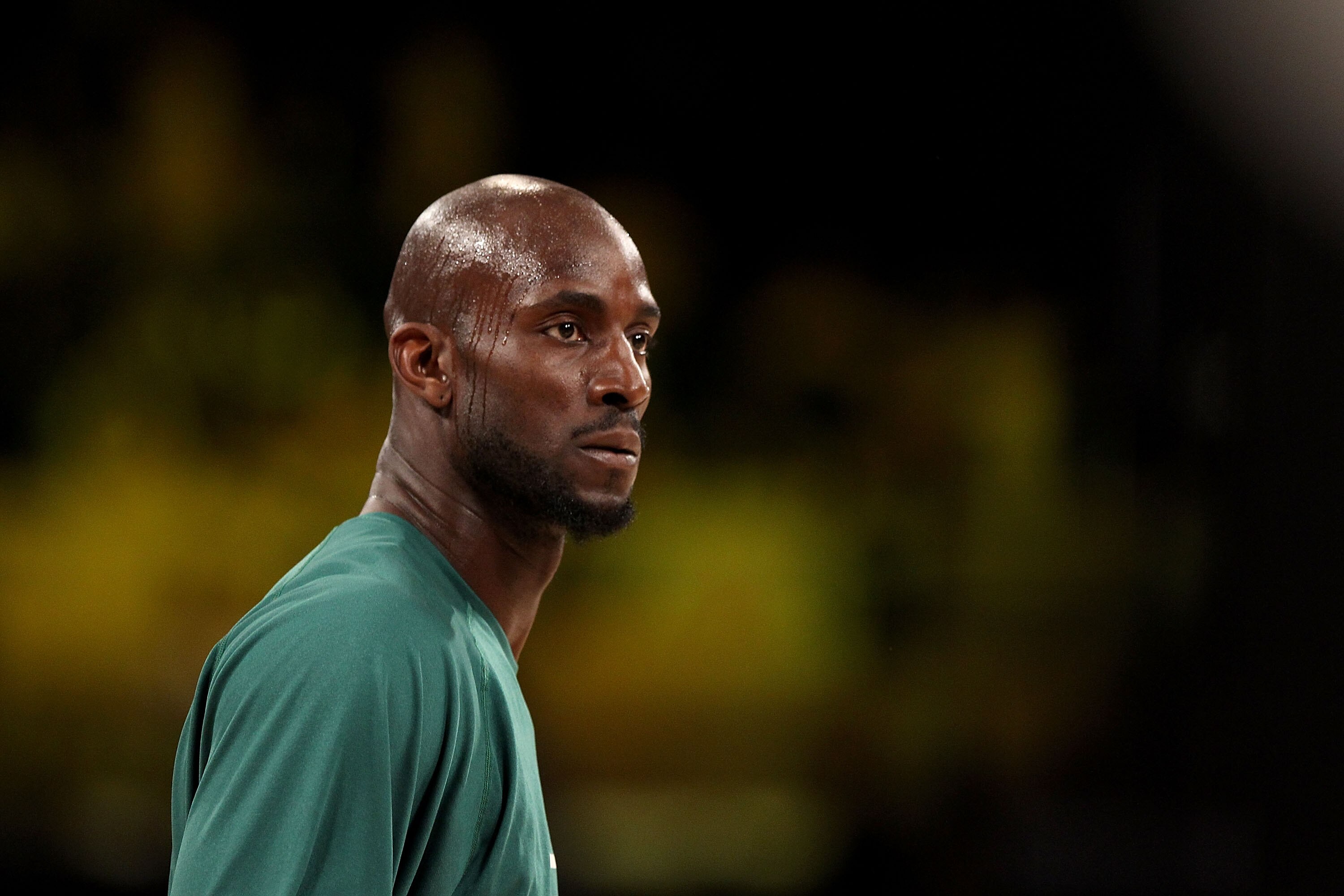 LOS ANGELES, CA - JUNE 17:  Kevin Garnett #5 of the Boston Celtics warms up before Game Seven of the 2010 NBA Finals against the Los Angeles Lakers at Staples Center on June 17, 2010 in Los Angeles, California.  NOTE TO USER: User expressly acknowledges a