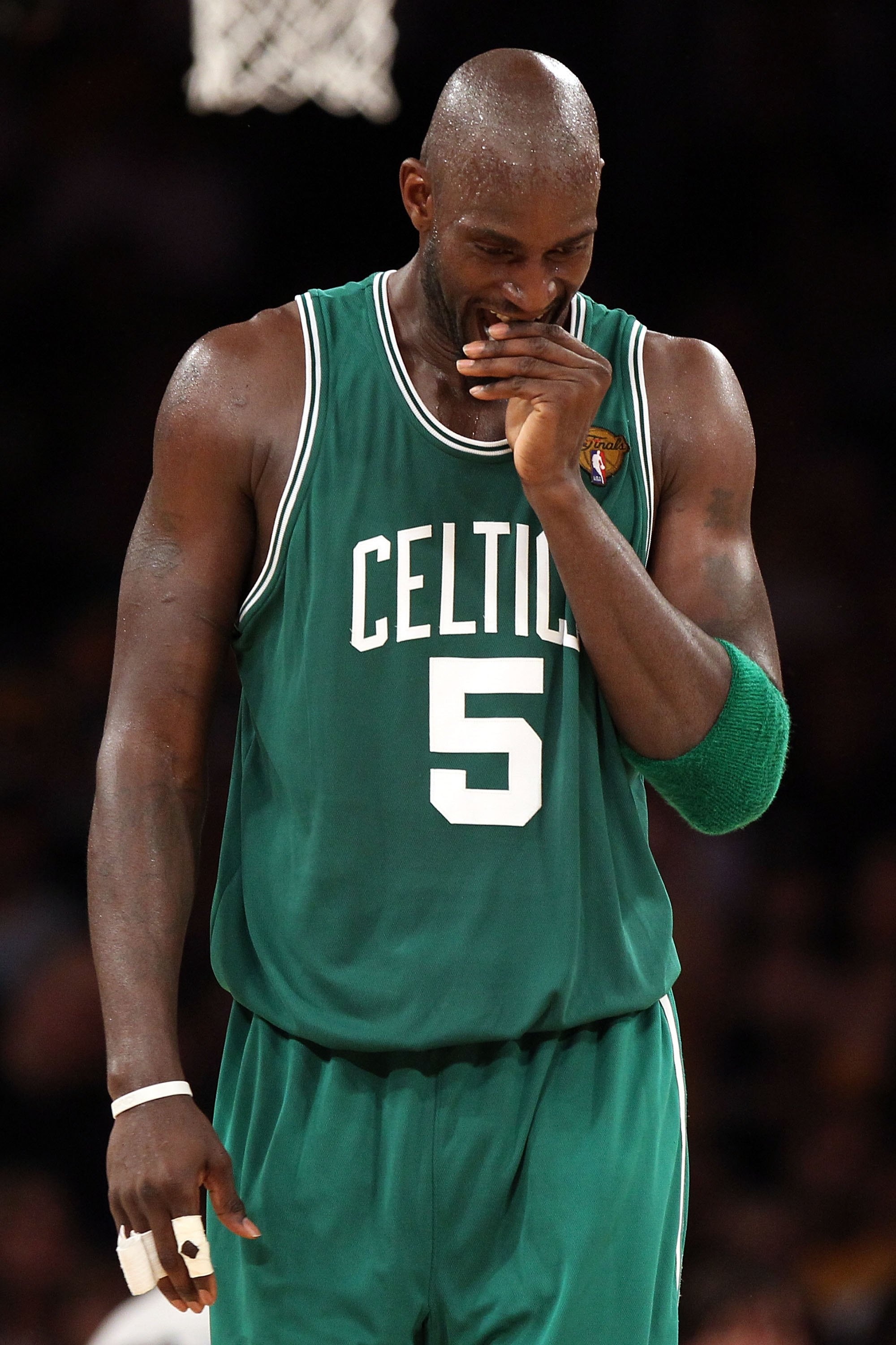 LOS ANGELES, CA - JUNE 15:  Kevin Garnett #5 of the Boston Celtics reacts while taking on the Los Angeles Lakers in Game Six of the 2010 NBA Finals at Staples Center on June 15, 2010 in Los Angeles, California.  NOTE TO USER: User expressly acknowledges a