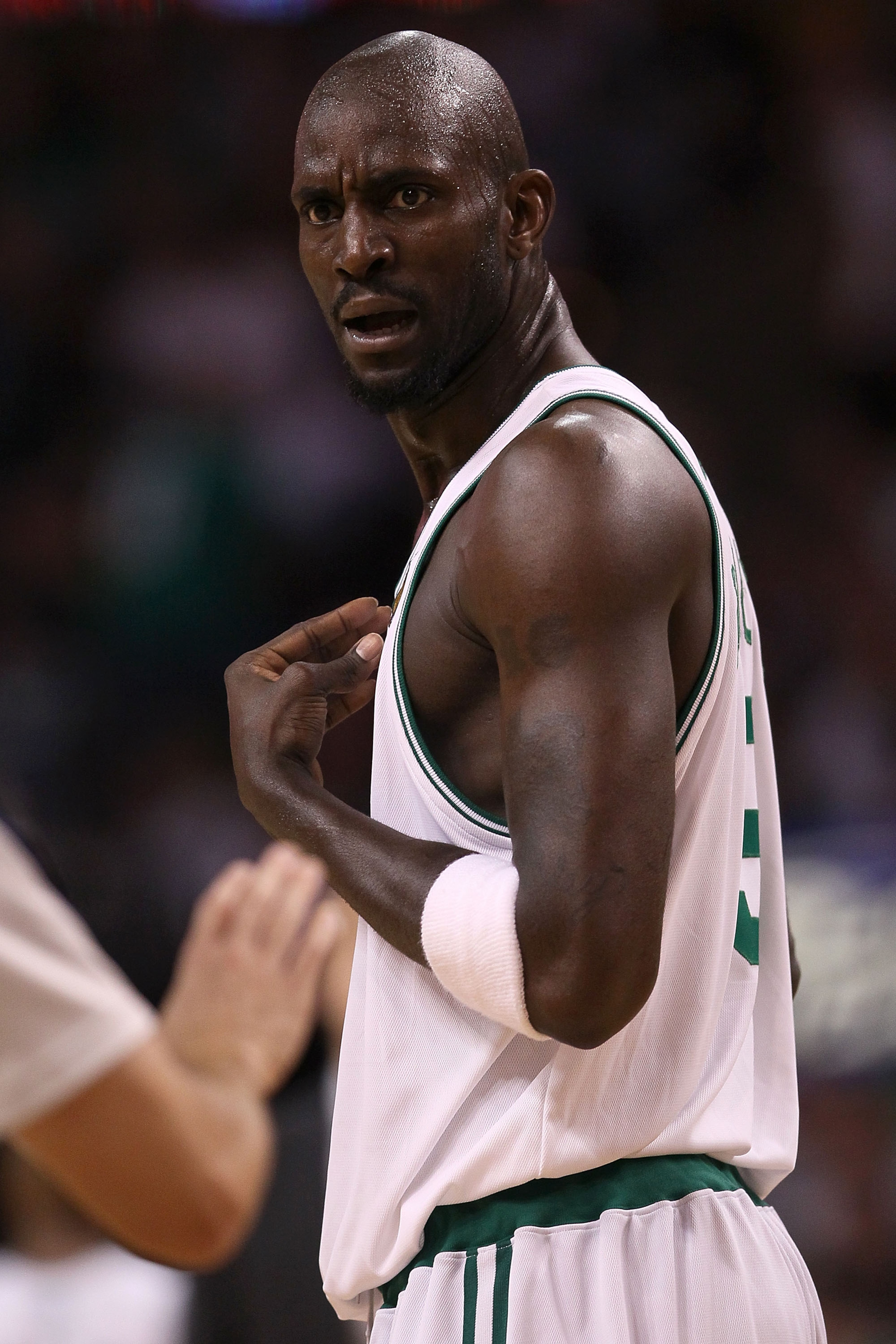 BOSTON - JUNE 10:  Kevin Garnett #5 of the Boston Celltics reacts to a call in the first half against the Los Angeles Lakers Game Four of the 2010 NBA Finals on June 10, 2010 at TD Garden in Boston, Massachusetts. NOTE TO USER: User expressly acknowledges