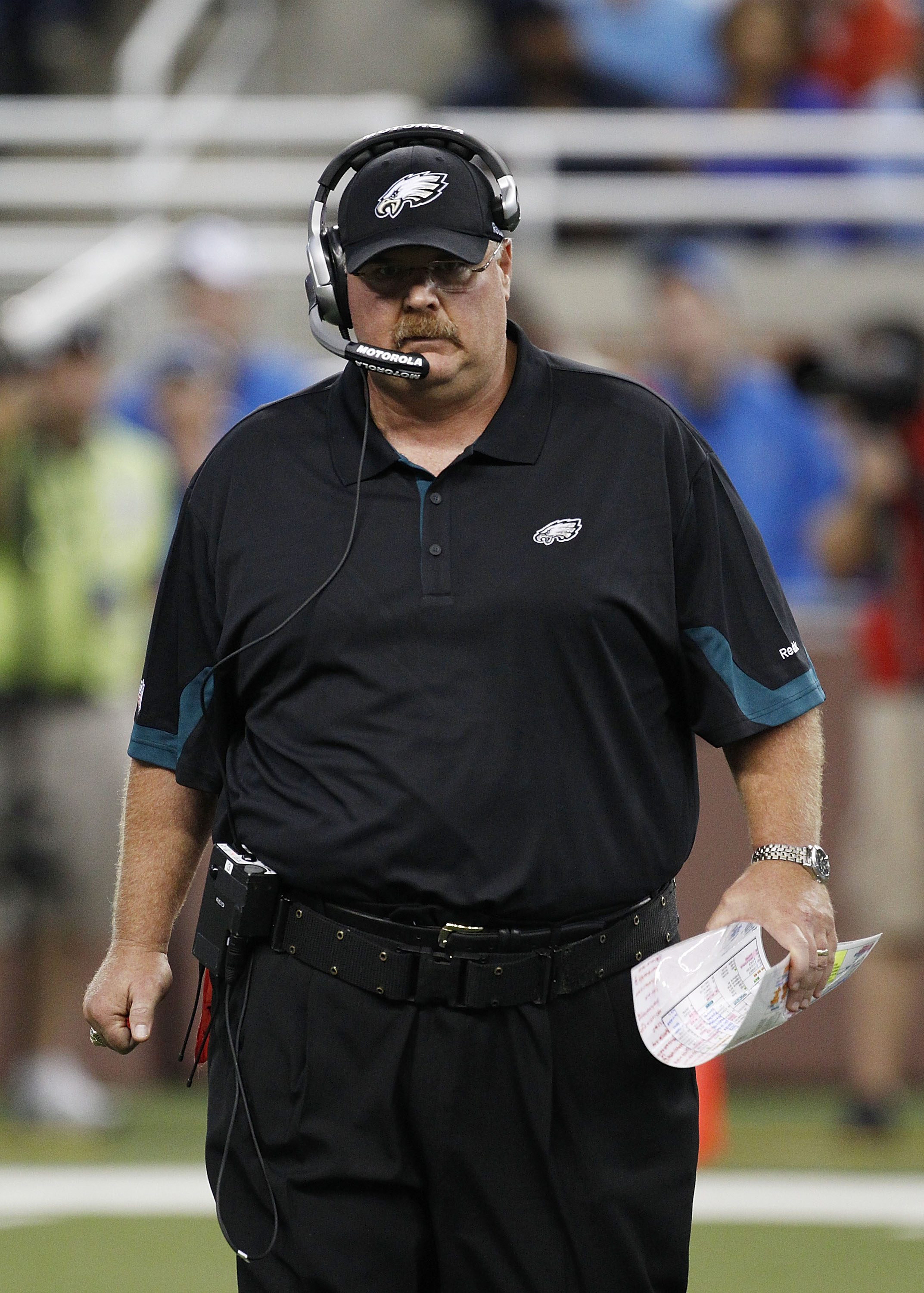 DETROIT - SEPTEMBER 19:  Philadelphia Eagles head coach Andy Reid during the game against the Detroit Lions at Ford Field on September 19, 2010 in Detroit, Michigan. The Eagles defeated the Lions 35-32.  (Photo by Leon Halip/Getty Images)