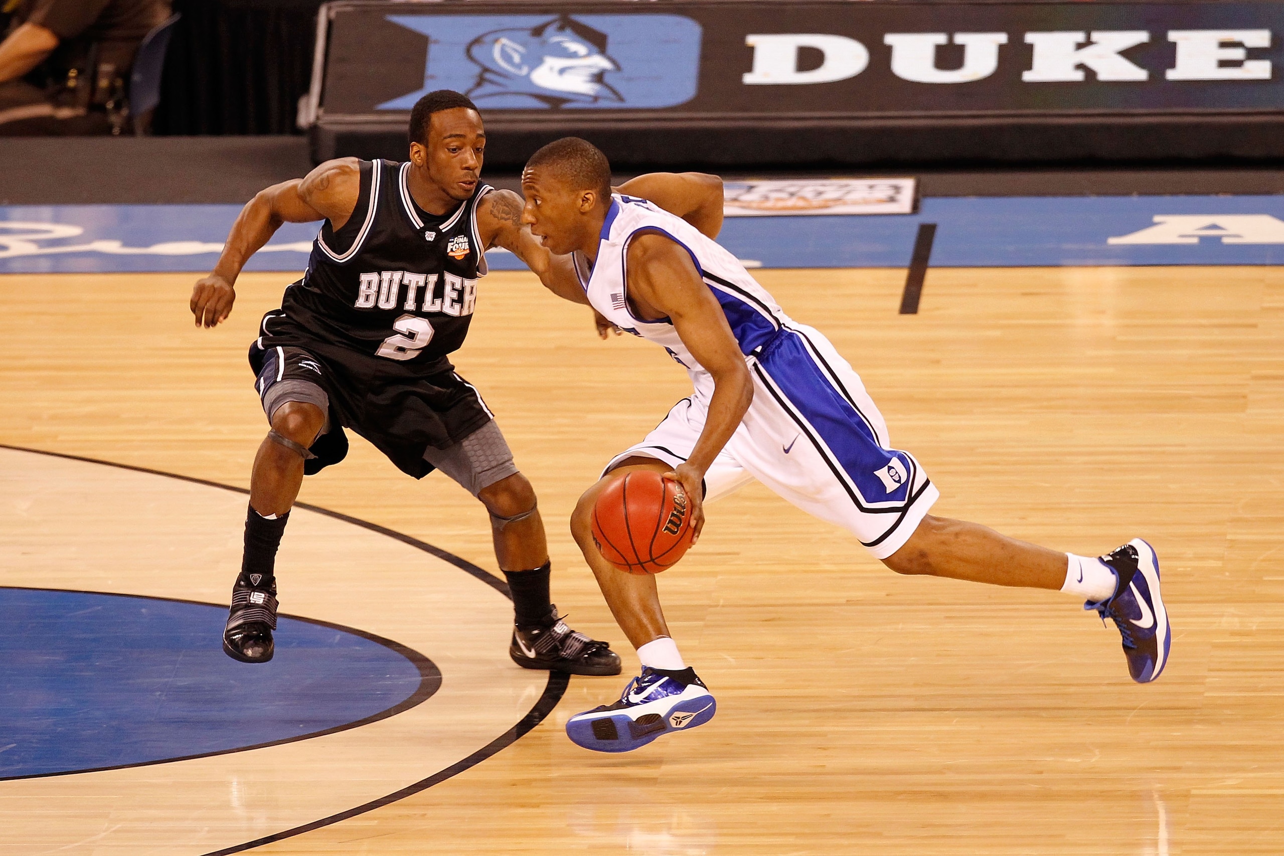 INDIANAPOLIS - APRIL 05: Nolan Smith #2 of the Duke Blue Devils drives against Shawn Vanzant #2 of the Butler Bulldogs during the 2010 NCAA Division I Men's Basketball National Championship game at Lucas Oil Stadium on April 5, 2010 in Indianapolis, Indi INDIANAPOLIS - APRIL 05: Nolan Smith #2 of the Duke Blue Devils drives against Shawn Vanzant #2 of the Butler Bulldogs during the 2010 NCAA Division I Men's Basketball National Championship game at Lucas Oil Stadium on April 5, 2010 in Indianapolis, Indi