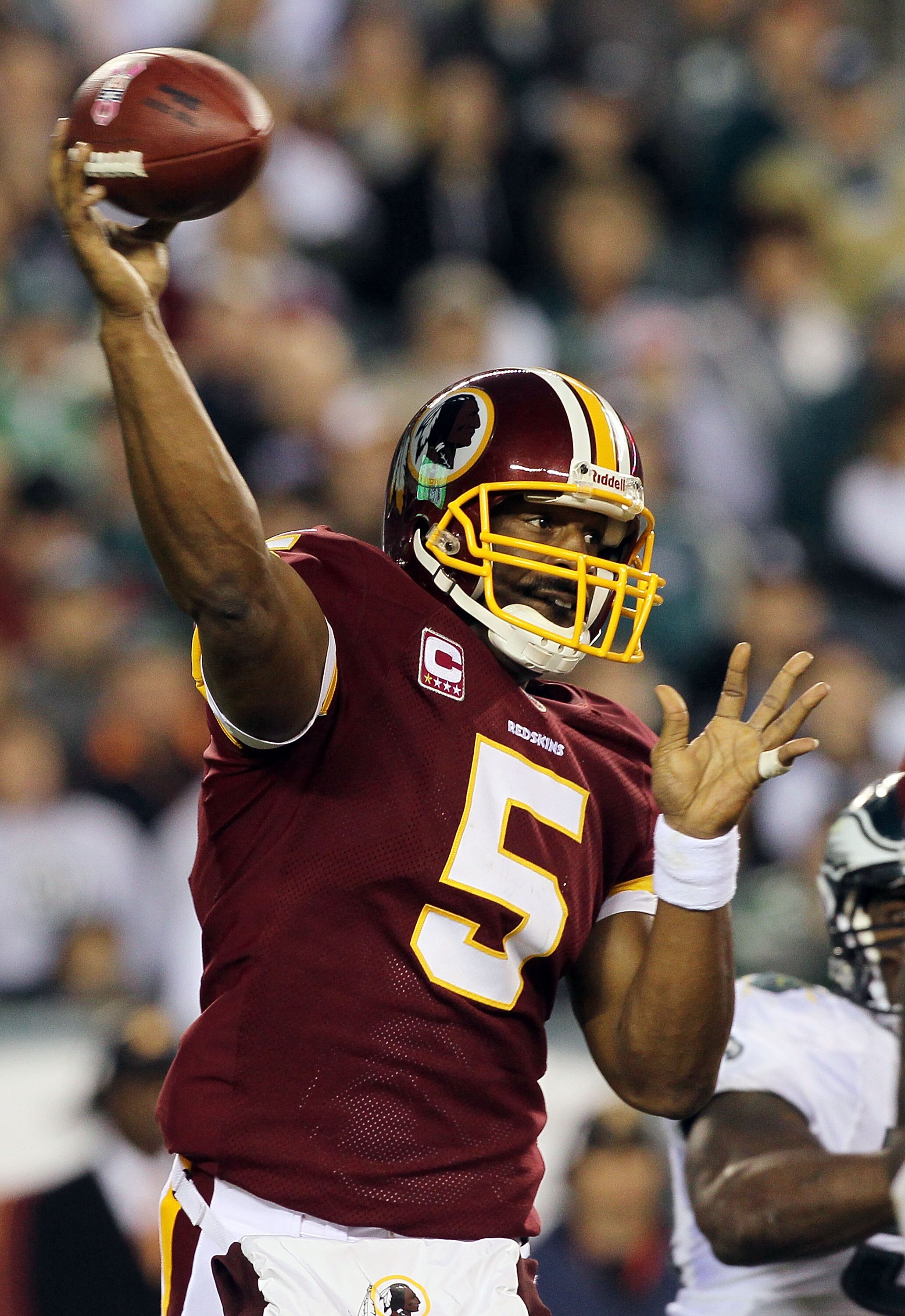 PHILADELPHIA - OCTOBER 03:  Donovan McNabb #5 of the Washington Redskins throws a pass in the second half against the Philadelphia Eagles on October 3, 2010 at Lincoln Financial Field in Philadelphia, Pennsylvania. The Redskins defeated the Eagles 17-12. 
