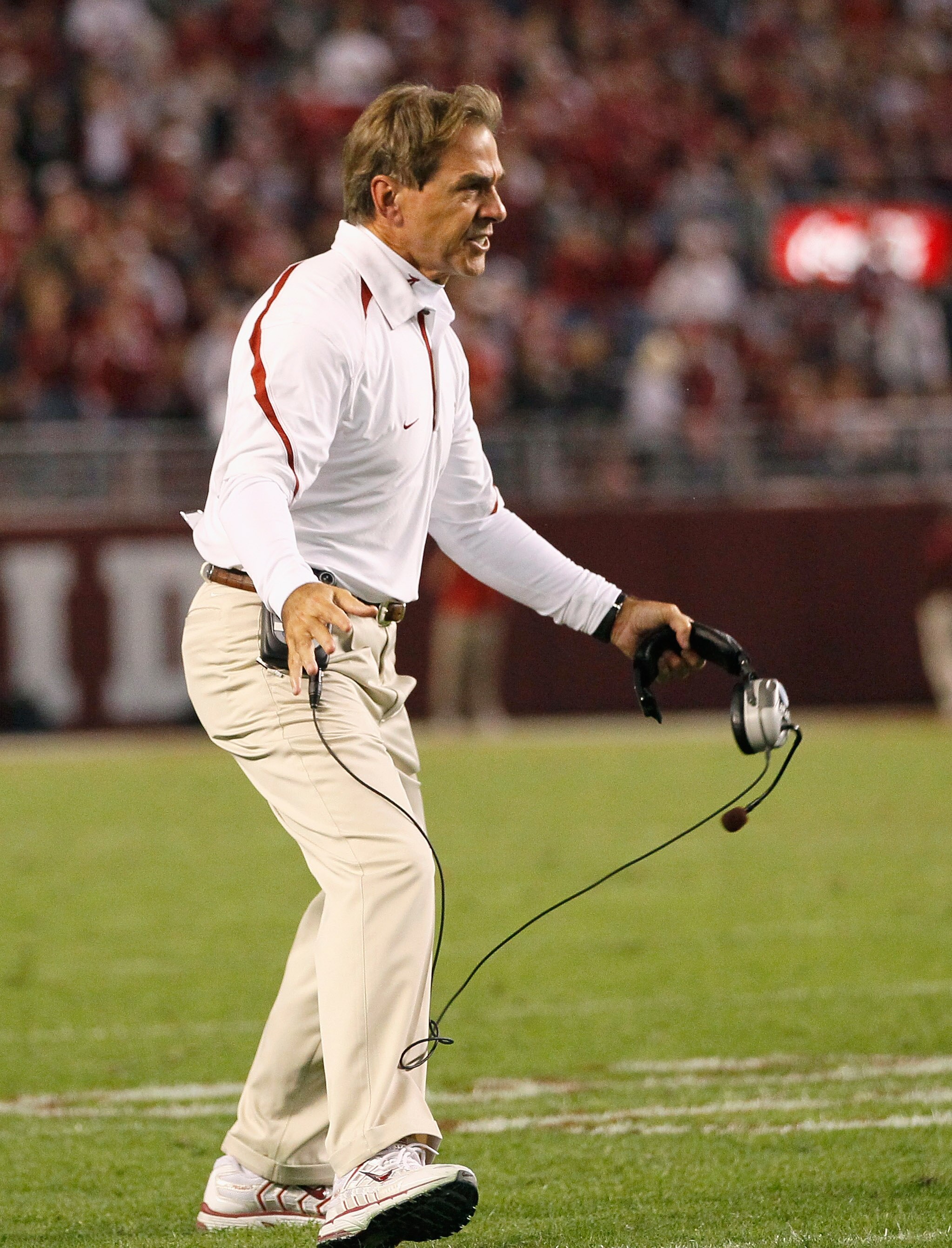TUSCALOOSA, AL - OCTOBER 16:  Head coach Nick Saban of the Alabama Crimson Tide yells at the officials after a hit by the Ole Miss Rebels at Bryant-Denny Stadium on October 16, 2010 in Tuscaloosa, Alabama.  (Photo by Kevin C. Cox/Getty Images)