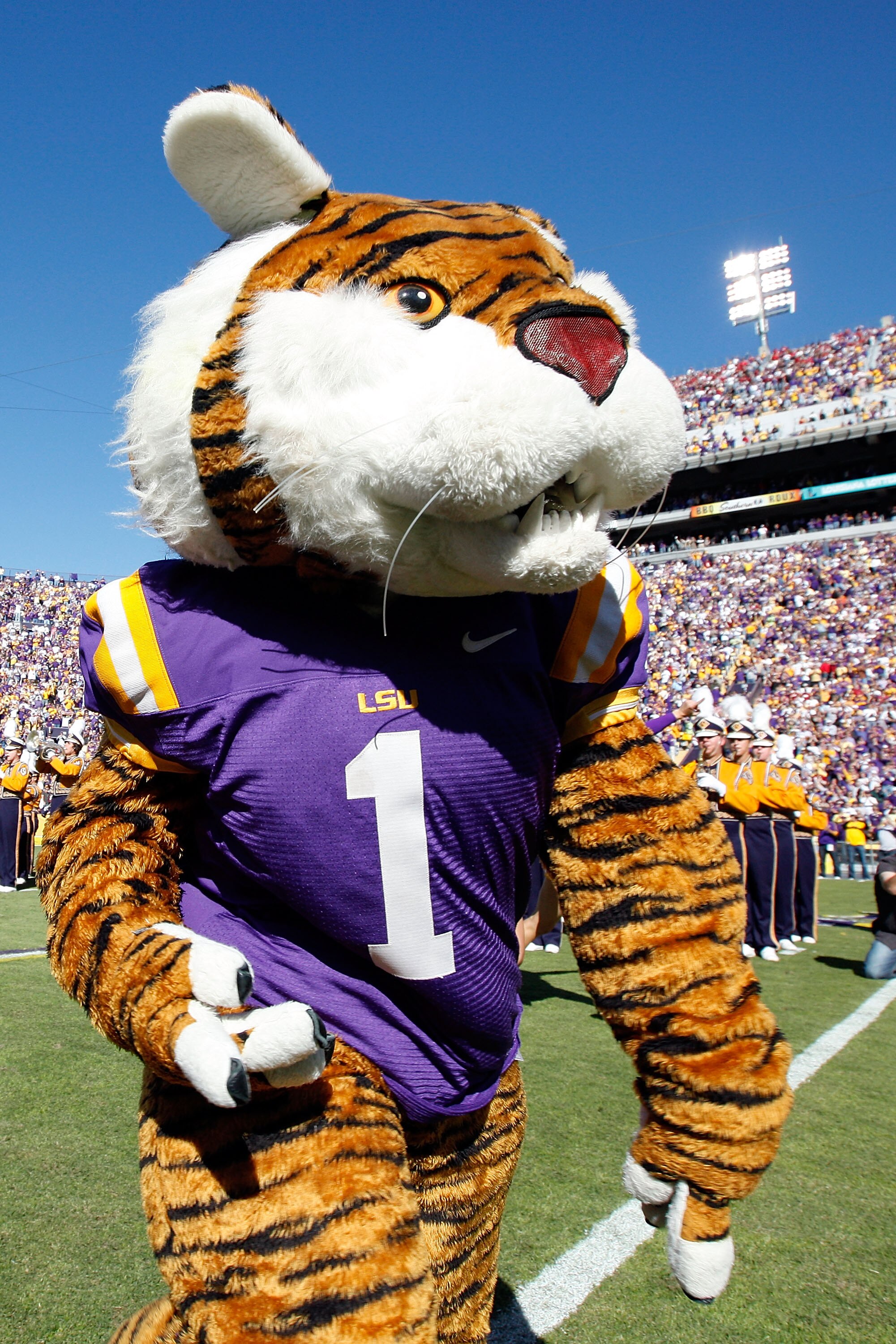 BATON ROUGE, LA - NOVEMBER 06:  Mascot Mike the Tiger of the Louisiana State University Tigers in action during pregame before the Alabama Crimson Tide  at Tiger Stadium on November 6, 2010 in Baton Rouge, Louisiana.  (Photo by Chris Graythen/Getty Images