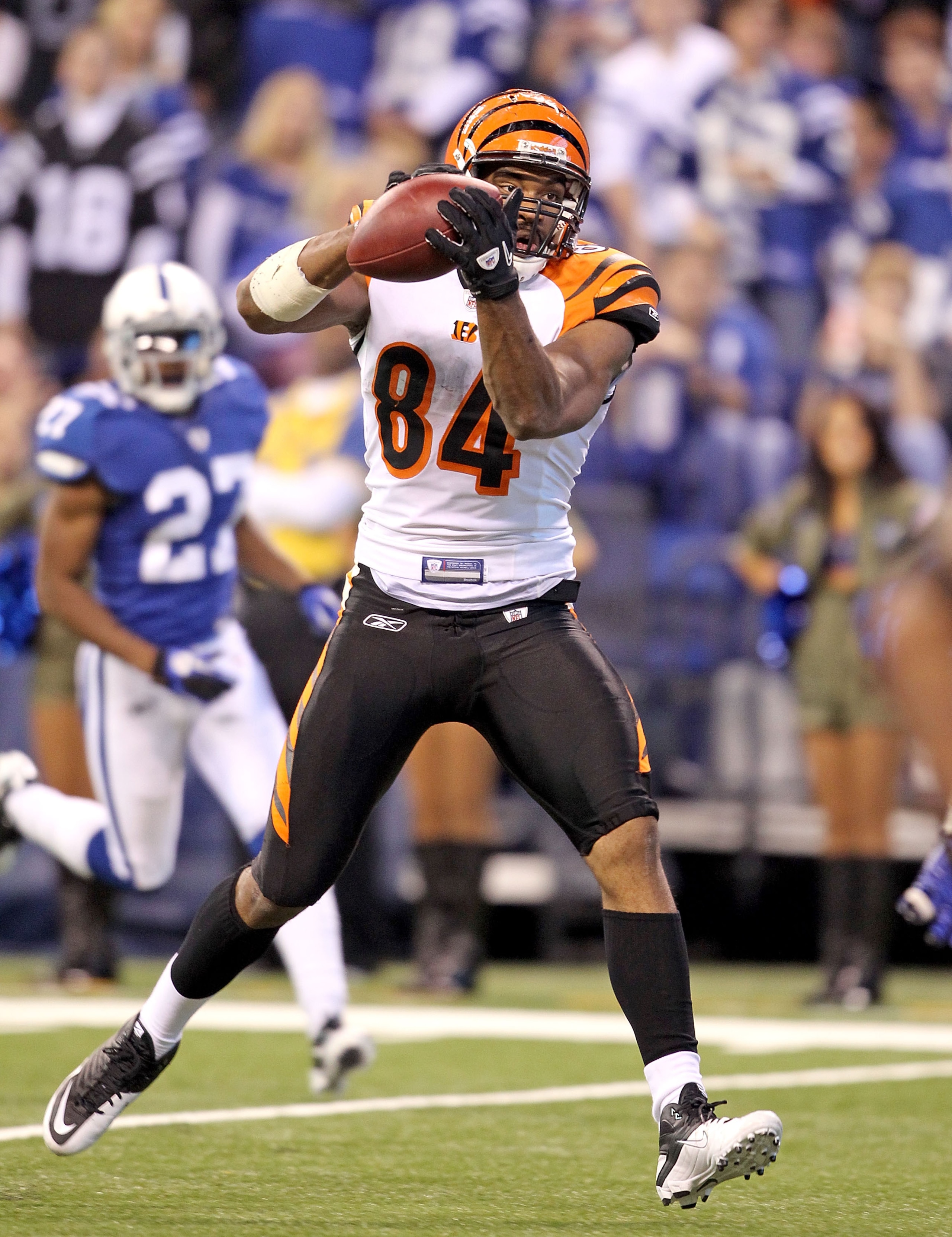 INDIANAPOLIS - NOVEMBER 14:  Jermaine Gresham #84 of the Cincinnati Bengals catches a pass for a touchdown during the Bengals 23-17 loss to the Indianapolis Colts in the NFL game at Lucas Oil Stadium on November 14, 2010 in Indianapolis, Indiana.  (Photo