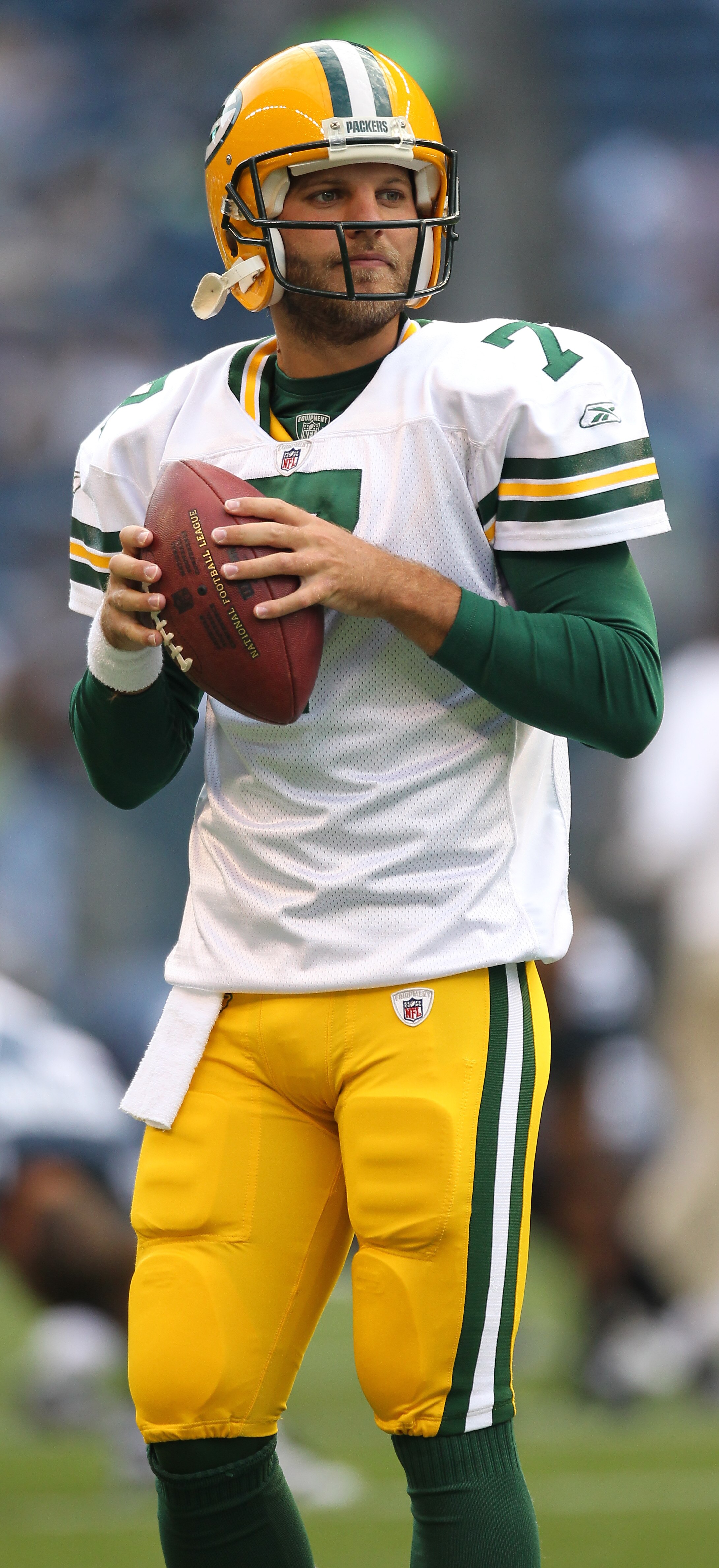 SEATTLE - AUGUST 21:  Quarterback Graham Harrell #7 of the Green Bay Packers warms up prior to the preseason game against the Seattle Seahawks at Qwest Field on August 21, 2010 in Seattle, Washington. (Photo by Otto Greule Jr/Getty Images)
