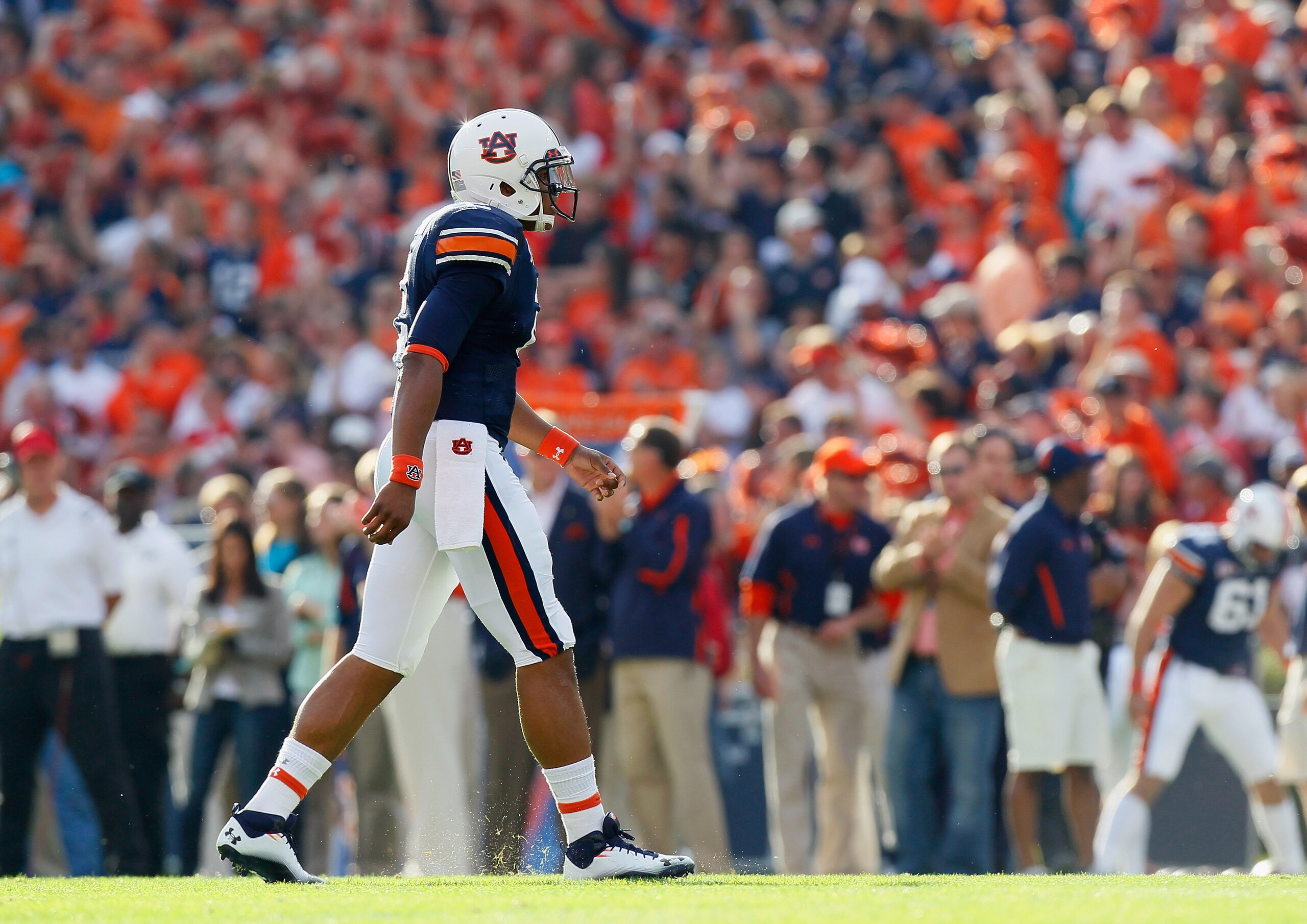 AUBURN, AL - NOVEMBER 13:  Quarterback Cameron Newton #2 of the Auburn Tigers walks upfield after a play against the Georgia Bulldogs at Jordan-Hare Stadium on November 13, 2010 in Auburn, Alabama.  (Photo by Kevin C. Cox/Getty Images)
