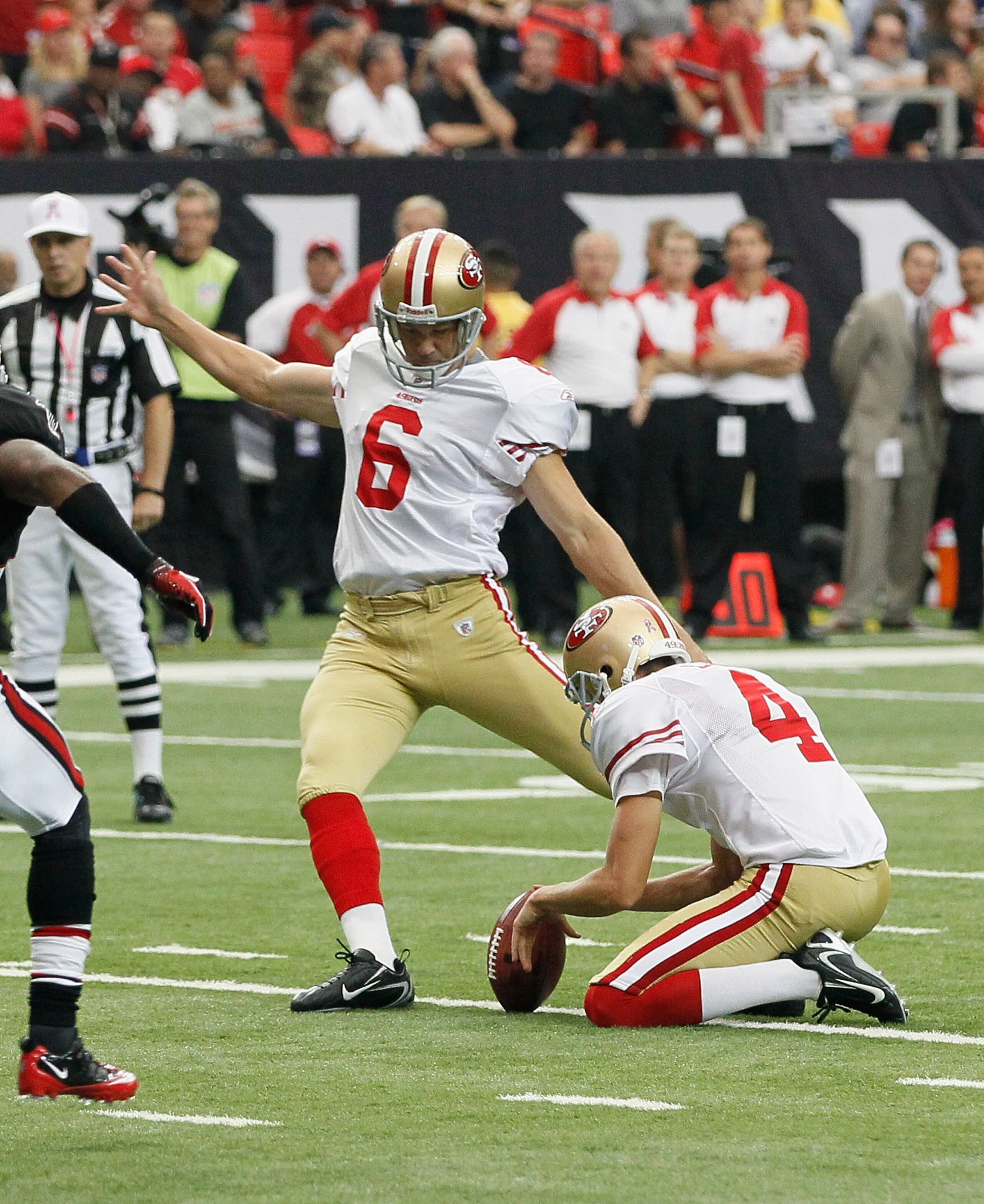 ATLANTA - OCTOBER 03: Joe Nedney #6 of the San Francisco 49ers against the Atlanta Falcons at Georgia Dome on October 3, 2010 in Atlanta, Georgia. (Photo by Kevin C. Cox/Getty Images) ATLANTA - OCTOBER 03: Joe Nedney #6 of the San Francisco 49ers against the Atlanta Falcons at Georgia Dome on October 3, 2010 in Atlanta, Georgia. (Photo by Kevin C. Cox/Getty Images)