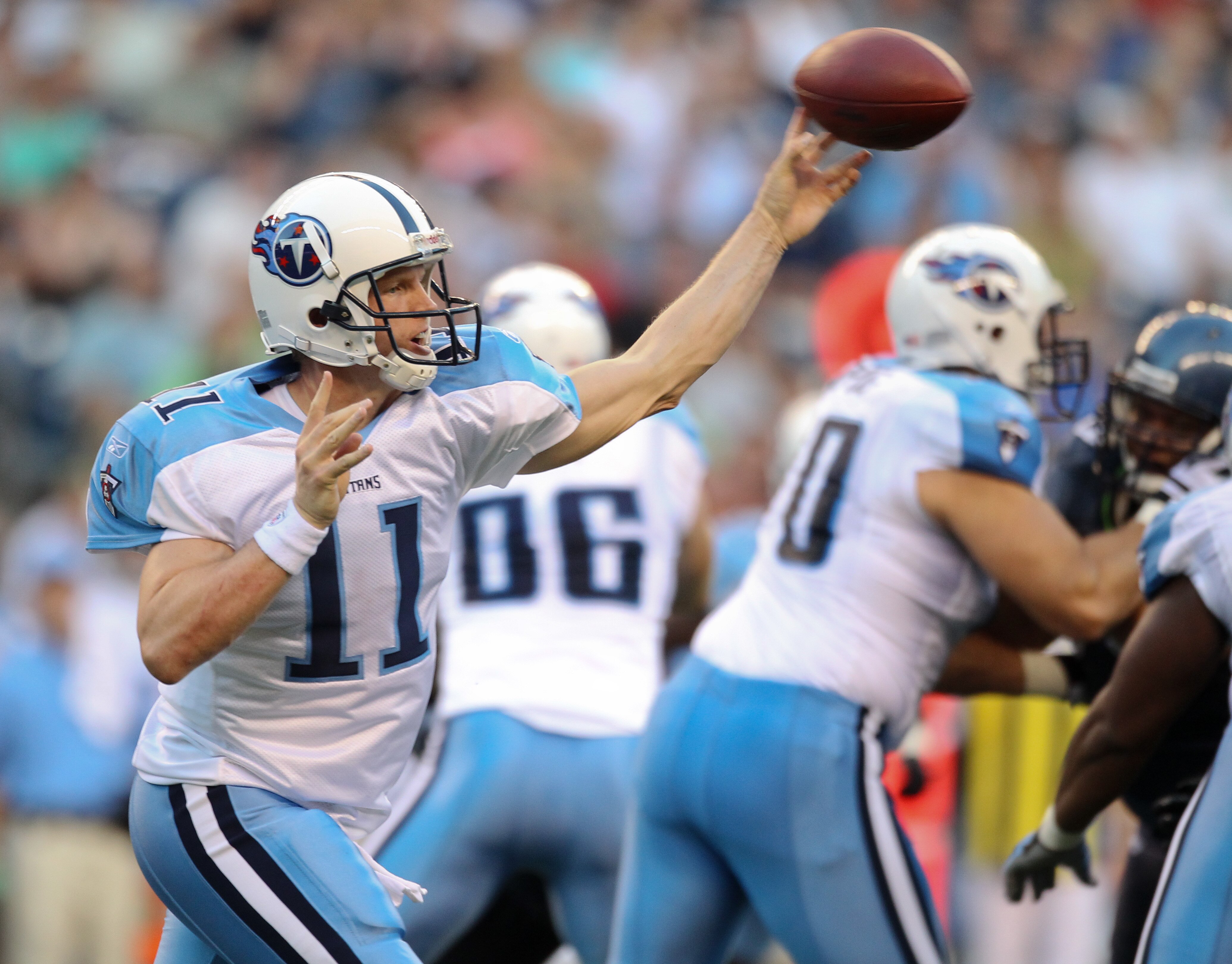 SEATTLE - AUGUST 14:  Quarterback Chris Simms #11 of the Tennessee Titans passes during the preseason game against the Seattle Seahawks at Qwest Field on August 14, 2010 in Seattle, Washington. (Photo by Otto Greule Jr/Getty Images)