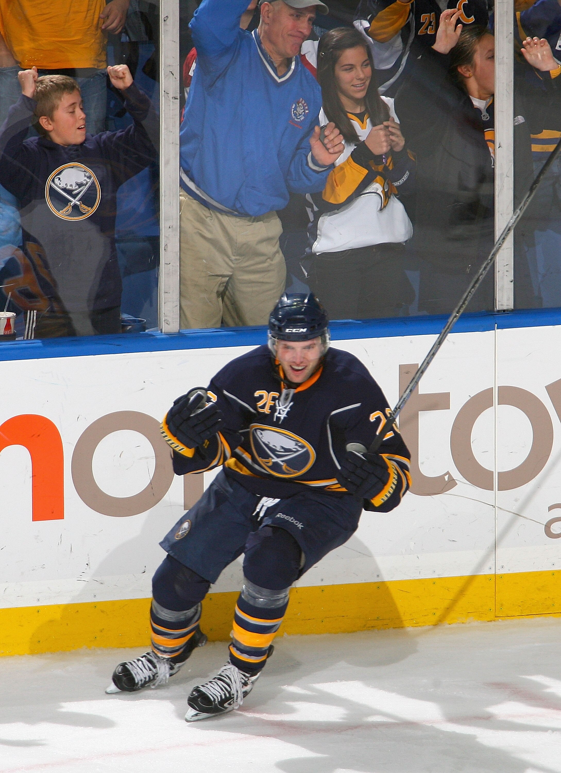BUFFALO, NY - NOVEMBER 13: Thomas Vanek #26 of the Buffalo Sabres celebrates scoring the winning goal in overtime against the Washington Capitals at HSBC Arena on November 13, 2010 in Buffalo, New York. Buffalo won 3-2 in overtime. (Photo by Rick Stewart/