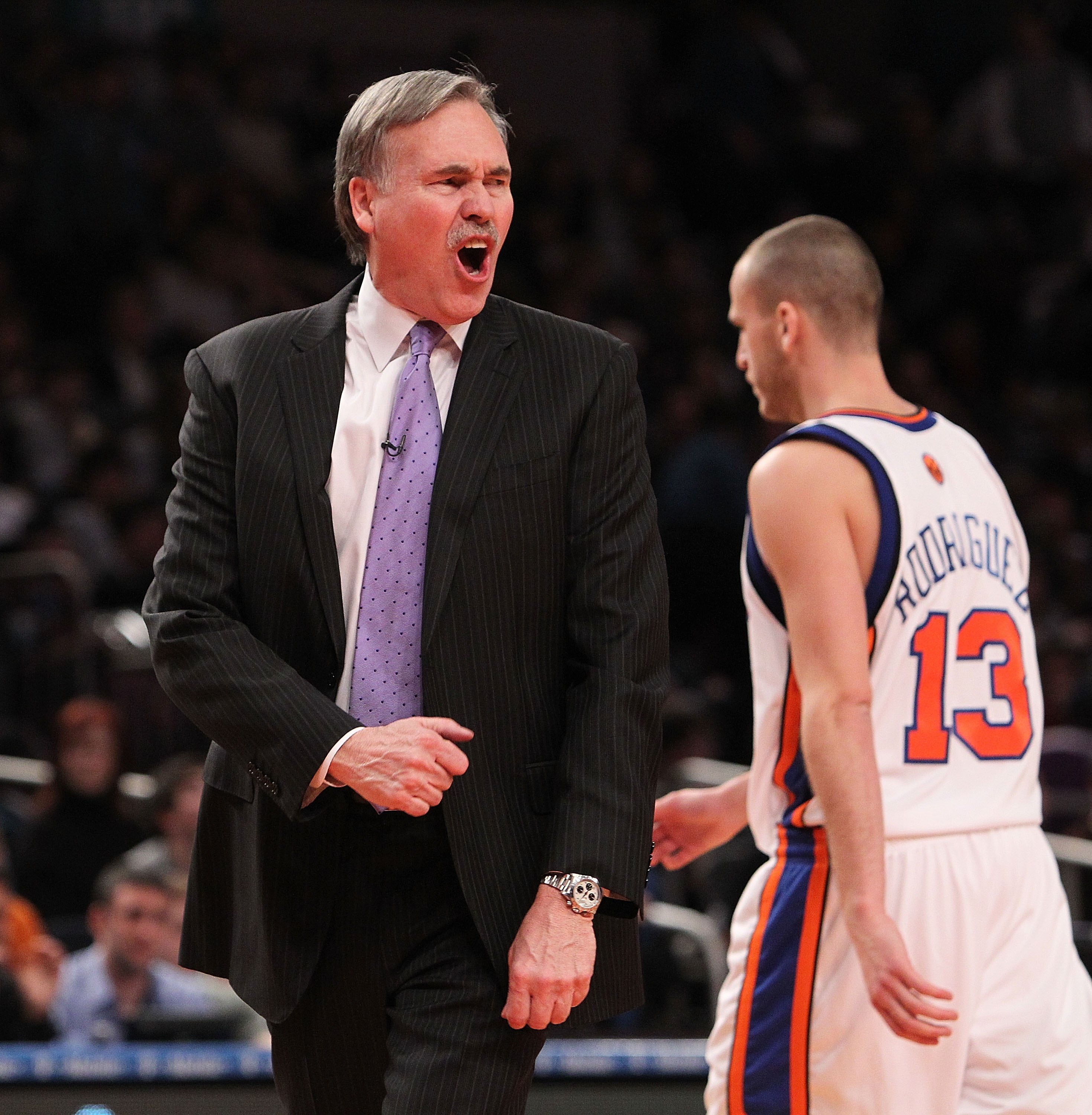 NEW YORK - FEBRUARY 20:  Head coach of the New York Knicks, Mike D'Antoni reacts against the Oklahoma City Thunder at Madison Square Garden on February 20, 2010 in New York, New York. NOTE TO USER: User expressly acknowledges and agrees that, by downloadi