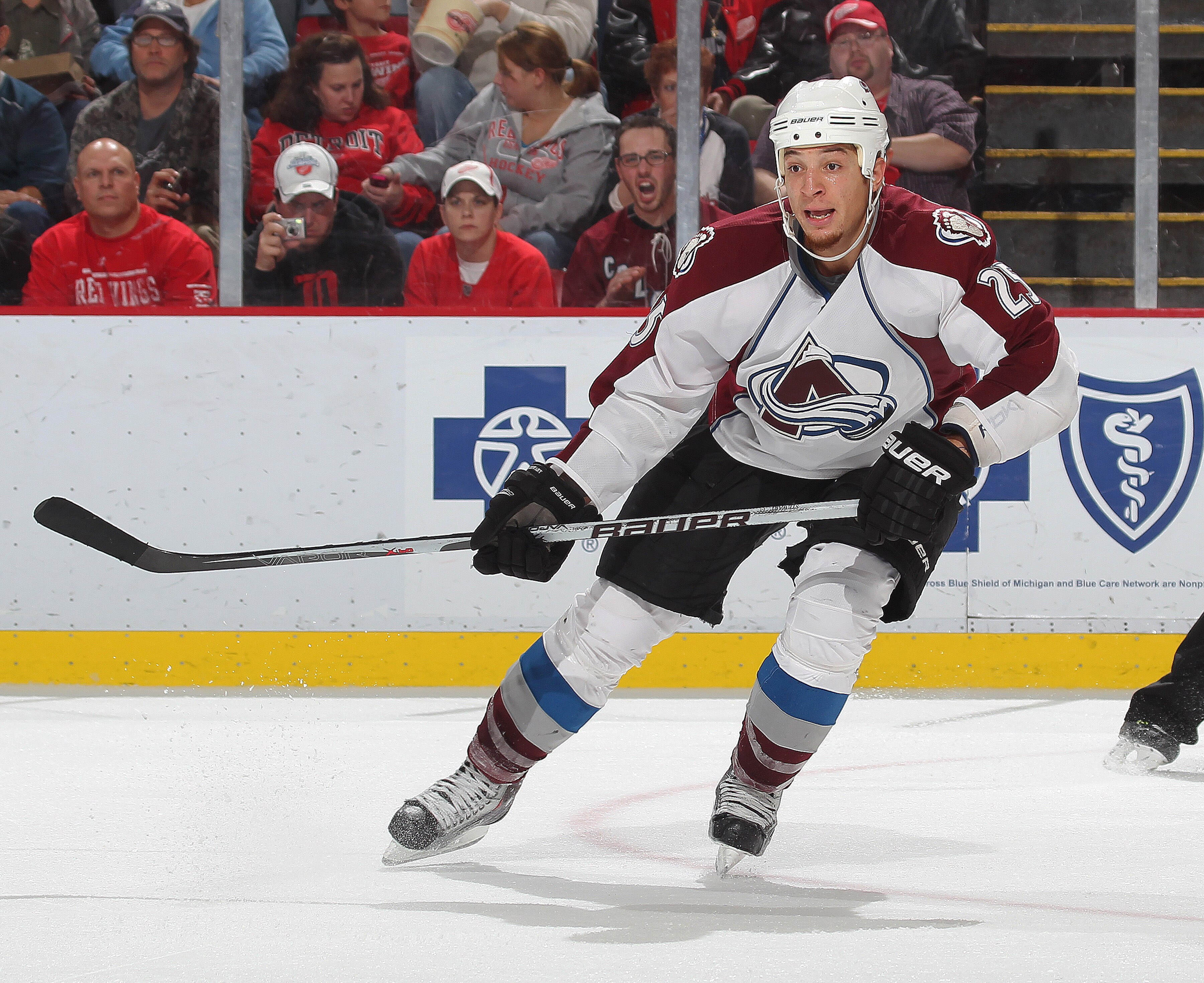 DETROIT,MI - NOVEMBER 13:  Chris Stewart #25 of the Colrado Avalanche calls for the puck in a game against the Detroit Red Wings on November 13,2010 at the Joe Louis Arena in Detroit, Michigan. The Wings defeated the Avalanche 3-1. (Photo by Claus Anderse