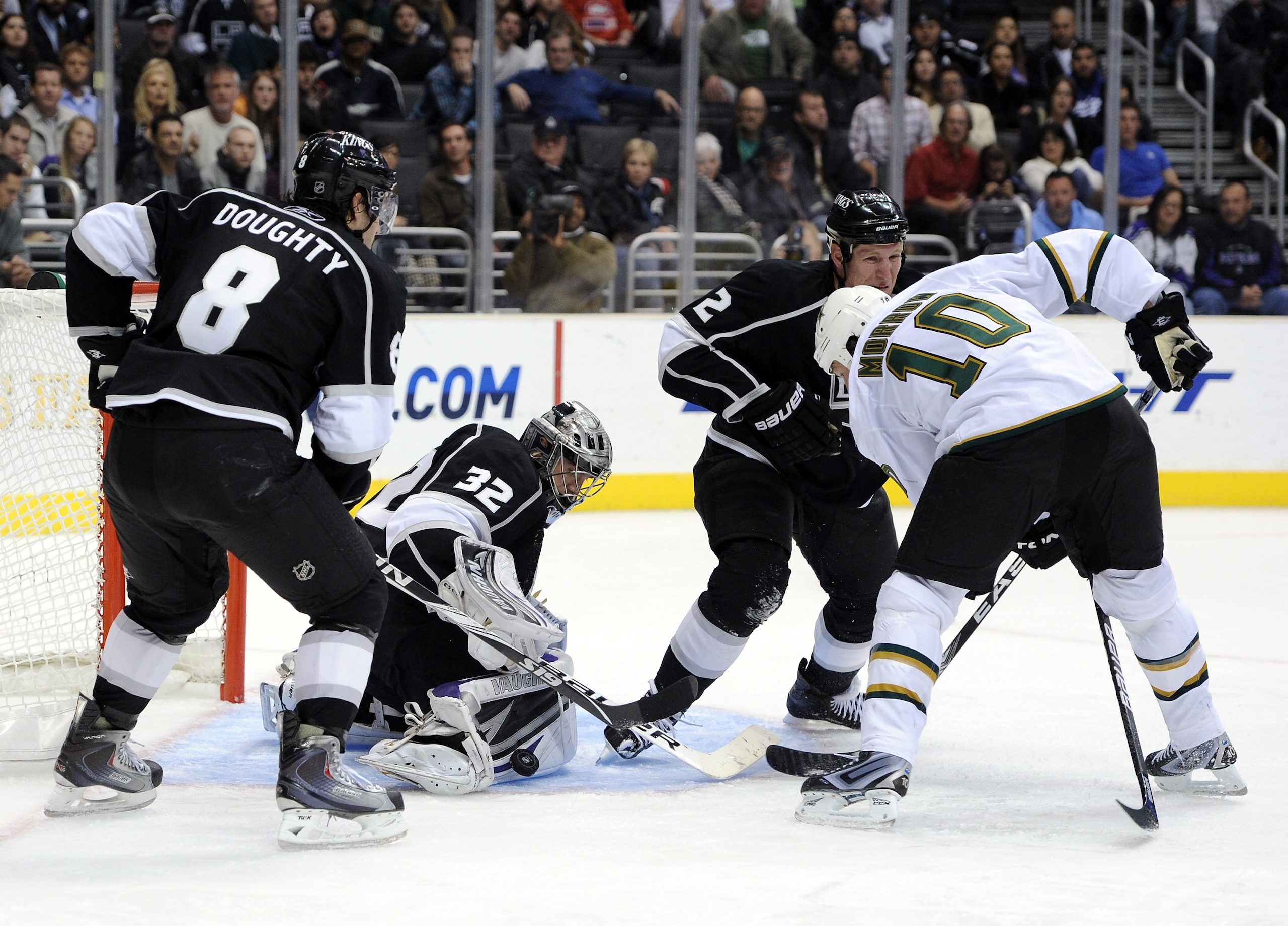 LOS ANGELES, CA - NOVEMBER 11: Jonathan Quick #32 of the Los Angeles Kings makes a save as teammates Drew Doughty #8 and Matt Greene #2 look for a rebound along with Brenden Morrow #10 of the Dallas Stars at the Staples Center on November 11, 2010 in Los LOS ANGELES, CA - NOVEMBER 11: Jonathan Quick #32 of the Los Angeles Kings makes a save as teammates Drew Doughty #8 and Matt Greene #2 look for a rebound along with Brenden Morrow #10 of the Dallas Stars at the Staples Center on November 11, 2010 in Los