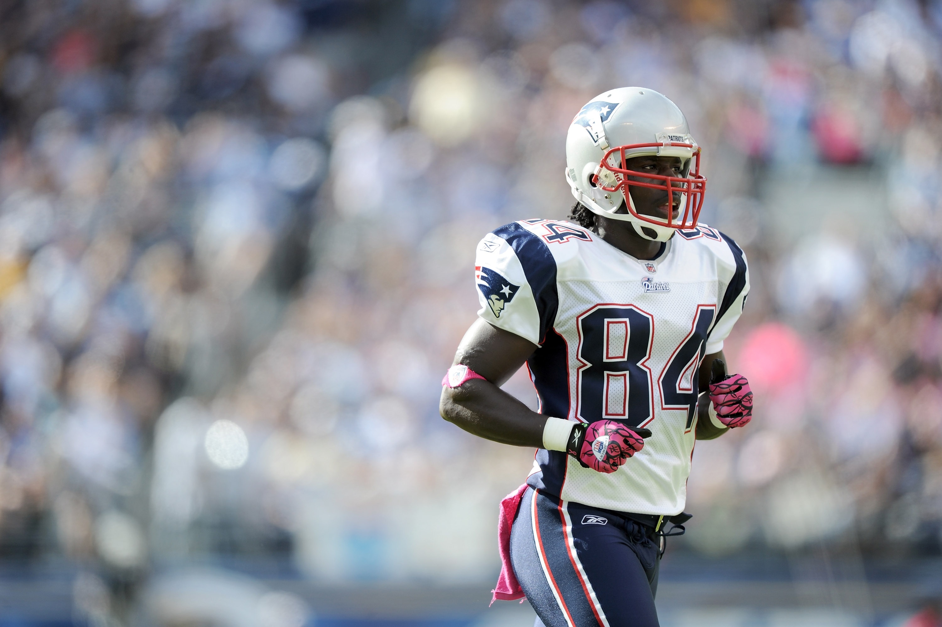 SAN DIEGO - OCTOBER 24:  Deion Branch #84 of the New England Patriots heads to the line of scrimmage against the San Diego Chargers at Qualcomm Stadium on October 24, 2010 in San Diego, California.  (Photo by Harry How/Getty Images)