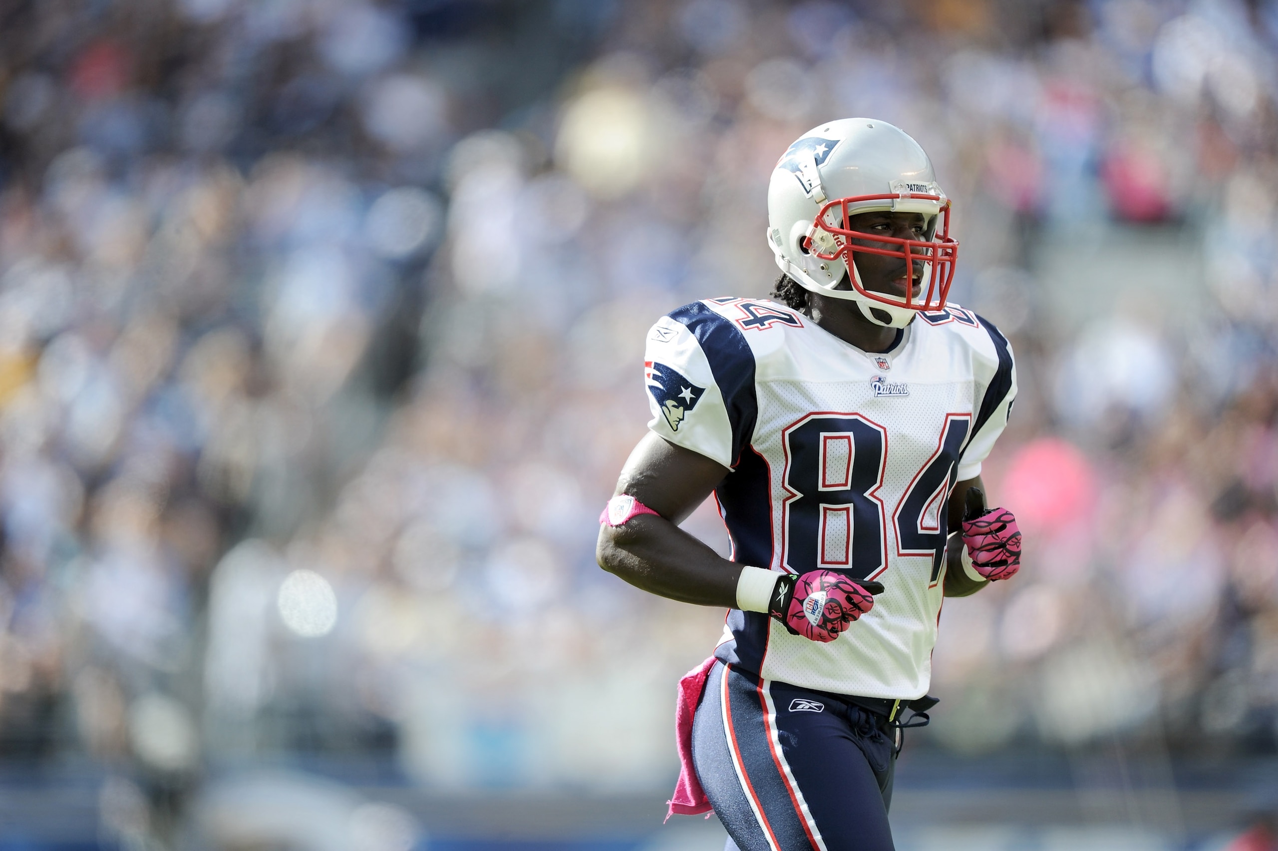 SAN DIEGO - OCTOBER 24:  Deion Branch #84 of the New England Patriots heads to the line of scrimmage against the San Diego Chargers at Qualcomm Stadium on October 24, 2010 in San Diego, California.  (Photo by Harry How/Getty Images)