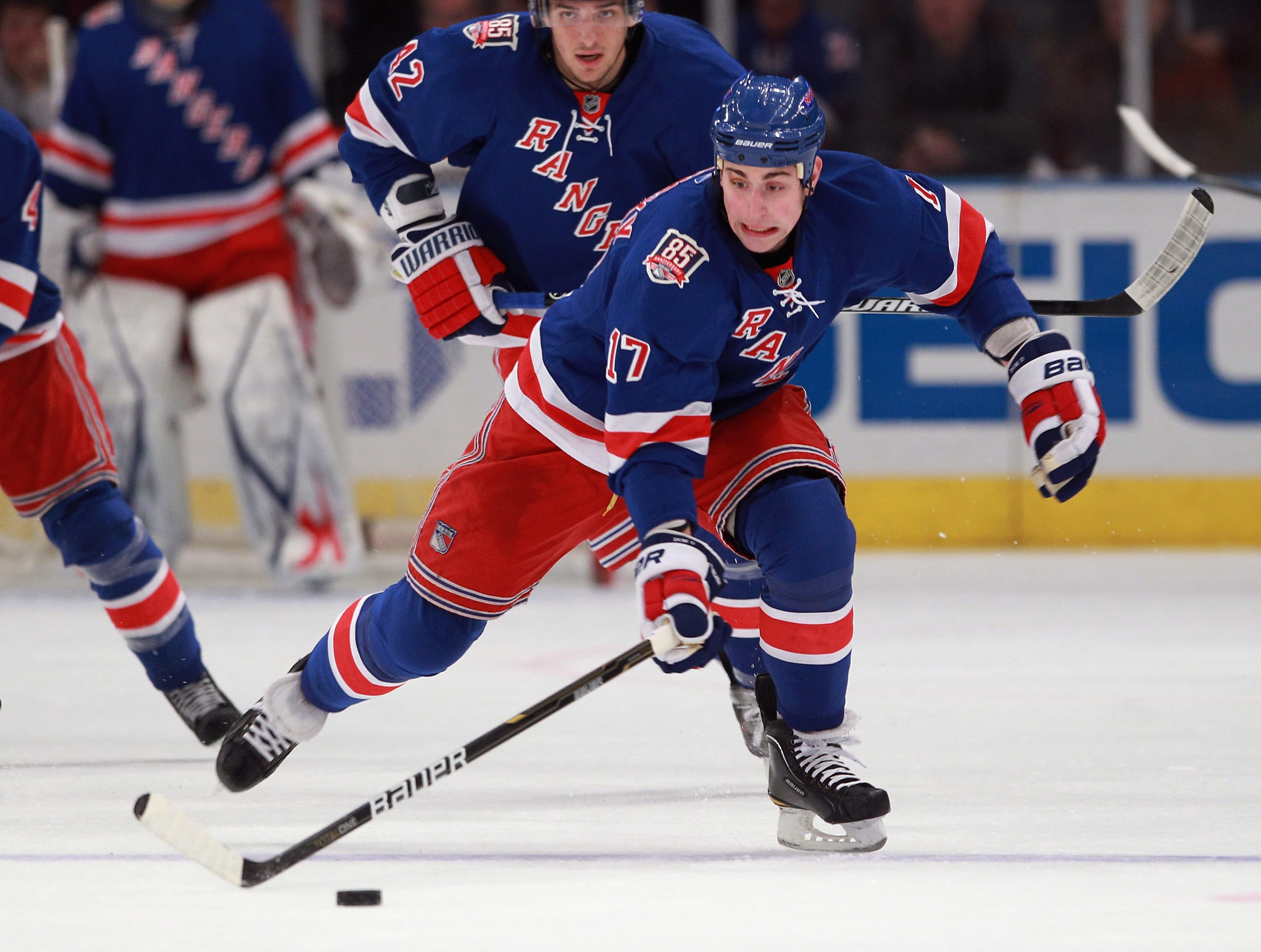 NEW YORK - NOVEMBER 11:  Brandon Dubinsky #17 of the New York Rangers skates against the Buffalo Sabres at Madison Square Garden on November 11, 2010 in New York City. The Rangers defeated the Sabres 3-2 in overtime.  (Photo by Bruce Bennett/Getty Images)
