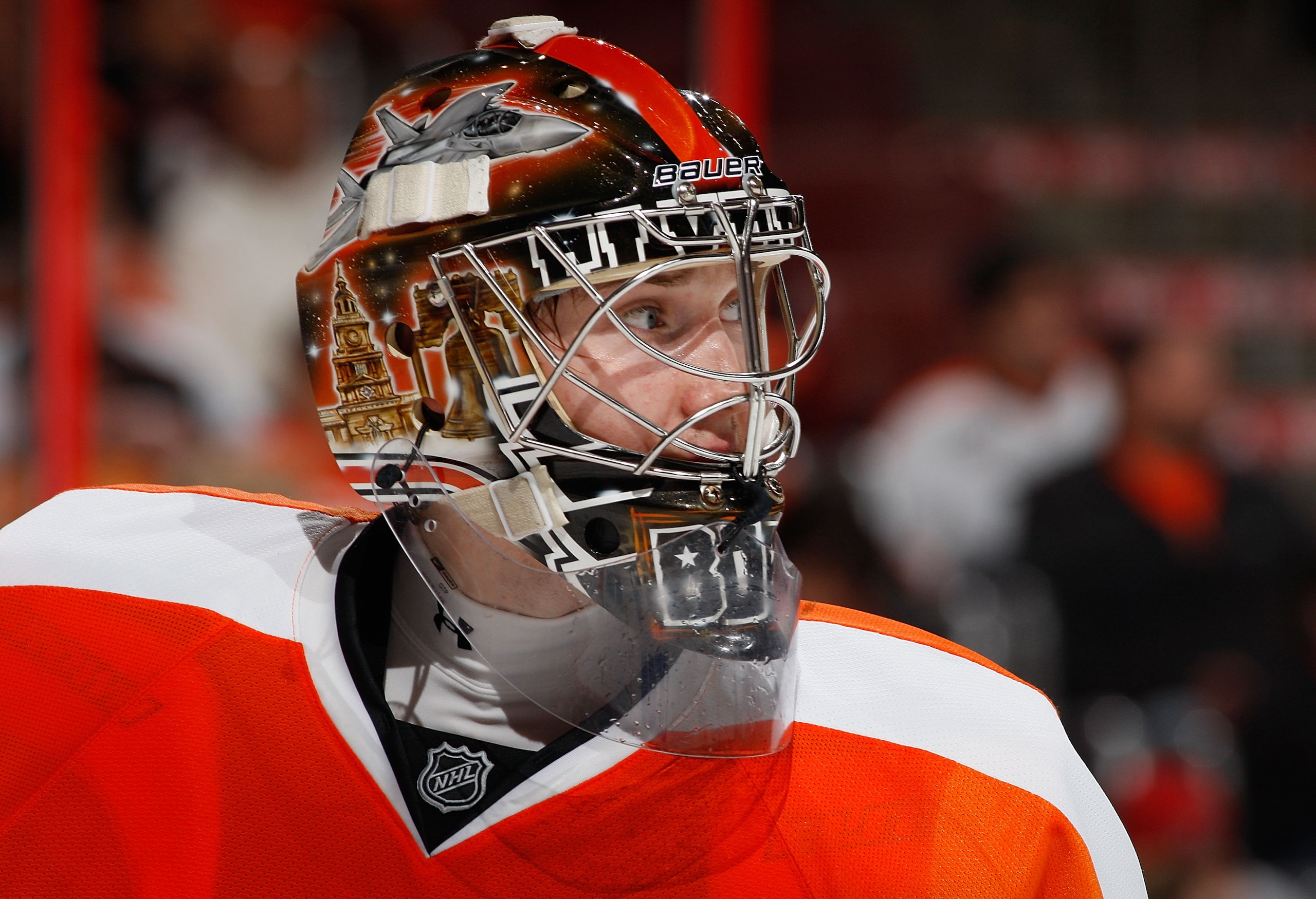 PHILADELPHIA - NOVEMBER 01: Goaltender Sergei Bobrovsky #35 of the Philadelphia Flyers skates against the Carolina Hurricanes on November 1, 2010 at the Wells Fargo Center in Philadelphia, Pennsylvania. Flyers defeat the Hurricanes 3-2. (Photo by Mike S PHILADELPHIA - NOVEMBER 01: Goaltender Sergei Bobrovsky #35 of the Philadelphia Flyers skates against the Carolina Hurricanes on November 1, 2010 at the Wells Fargo Center in Philadelphia, Pennsylvania. Flyers defeat the Hurricanes 3-2. (Photo by Mike S
