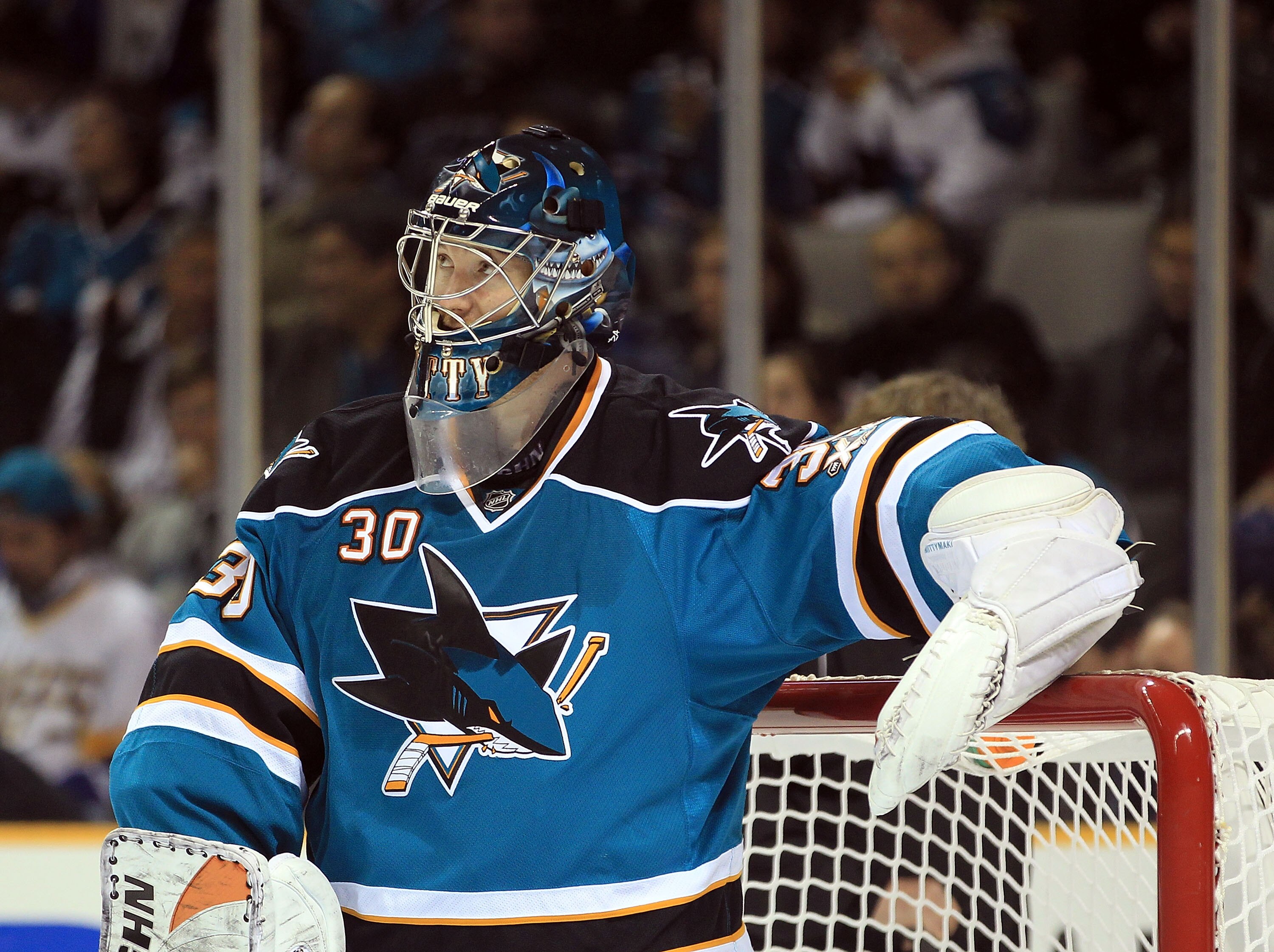 SAN JOSE, CA - NOVEMBER 09:  Antero Nittymaki #30 of the San Jose Sharks in action against the Anaheim Ducks at HP Pavilion on November 9, 2010 in San Jose, California.  (Photo by Ezra Shaw/Getty Images)