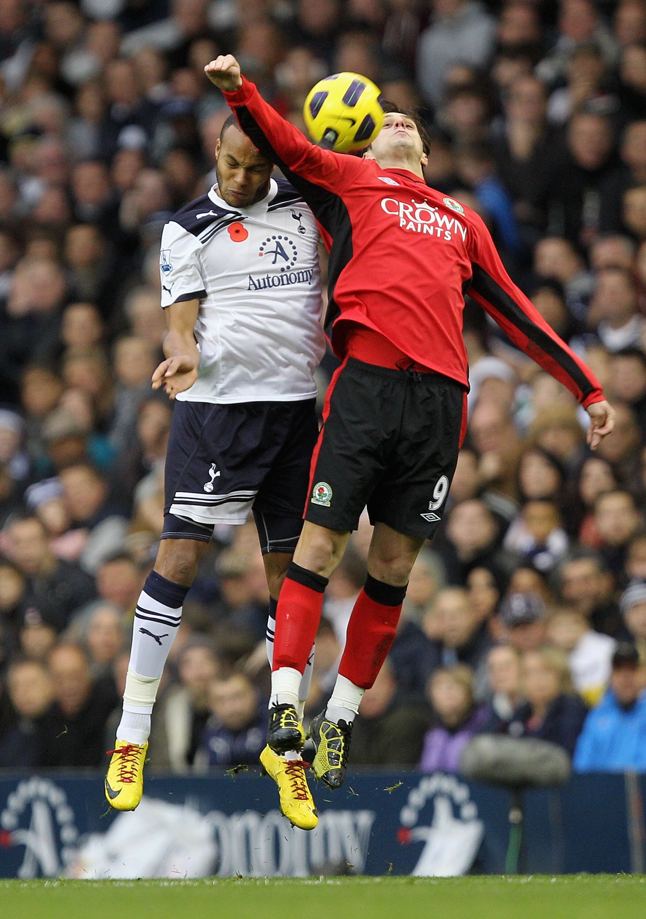 LONDON, ENGLAND - NOVEMBER 13: Nikloa Kalinic (R) of Blackburn contests with Younes Kaboul of Tottenham during the Barclays Premier League match between Tottenham Hotspur and Blackburn Rovers at White Hart Lane on November 13, 2010 in London, England. ( LONDON, ENGLAND - NOVEMBER 13: Nikloa Kalinic (R) of Blackburn contests with Younes Kaboul of Tottenham during the Barclays Premier League match between Tottenham Hotspur and Blackburn Rovers at White Hart Lane on November 13, 2010 in London, England. (