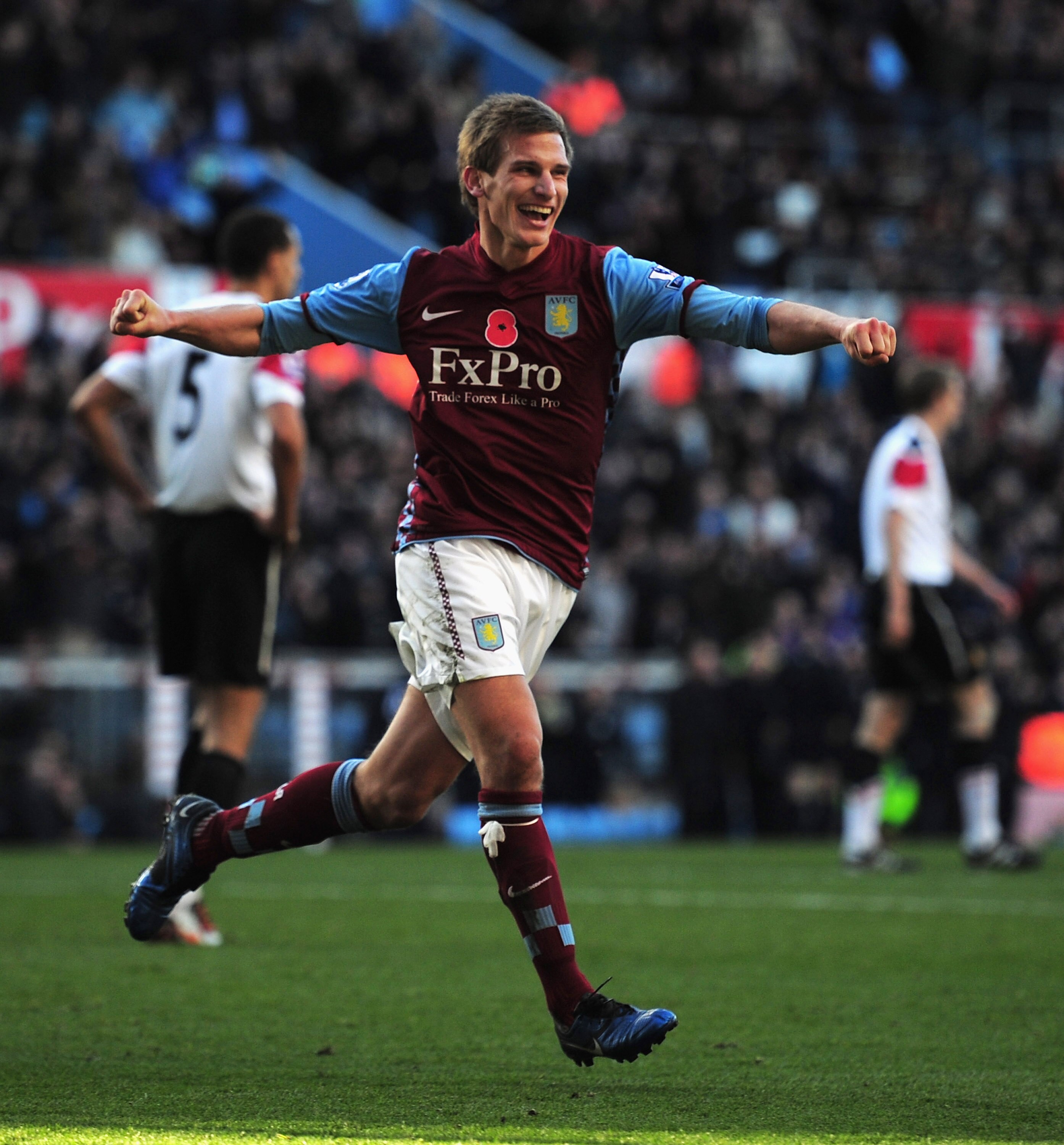 BIRMINGHAM, ENGLAND - NOVEMBER 13: Marc Albrighton of Aston Villa celebrates after scoring the second goal during the Barclays Premier League match between Aston Villa and Manchester United at Villa Park on November 13, 2010 in Birmingham, England. (Pho BIRMINGHAM, ENGLAND - NOVEMBER 13: Marc Albrighton of Aston Villa celebrates after scoring the second goal during the Barclays Premier League match between Aston Villa and Manchester United at Villa Park on November 13, 2010 in Birmingham, England. (Pho