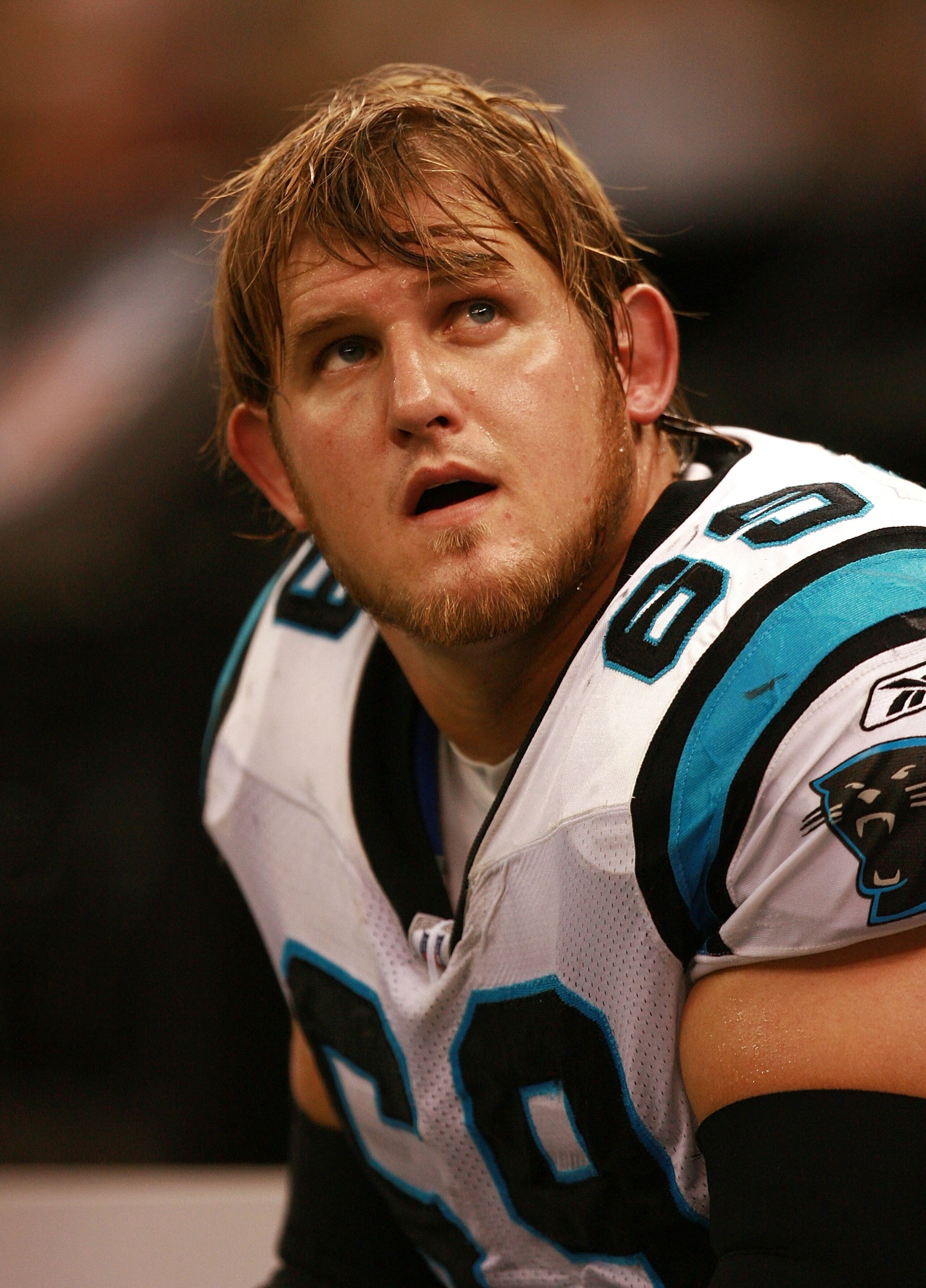 NEW ORLEANS - OCTOBER 07:  Offensive lineman Jordan Gross #69 of the Carolina Panthers looks up to the scoreboard during the third quarter against the New Orleans Saints at the Superdome on October 7, 2007 in New Orleans, Louisiana. The Panthers defeated