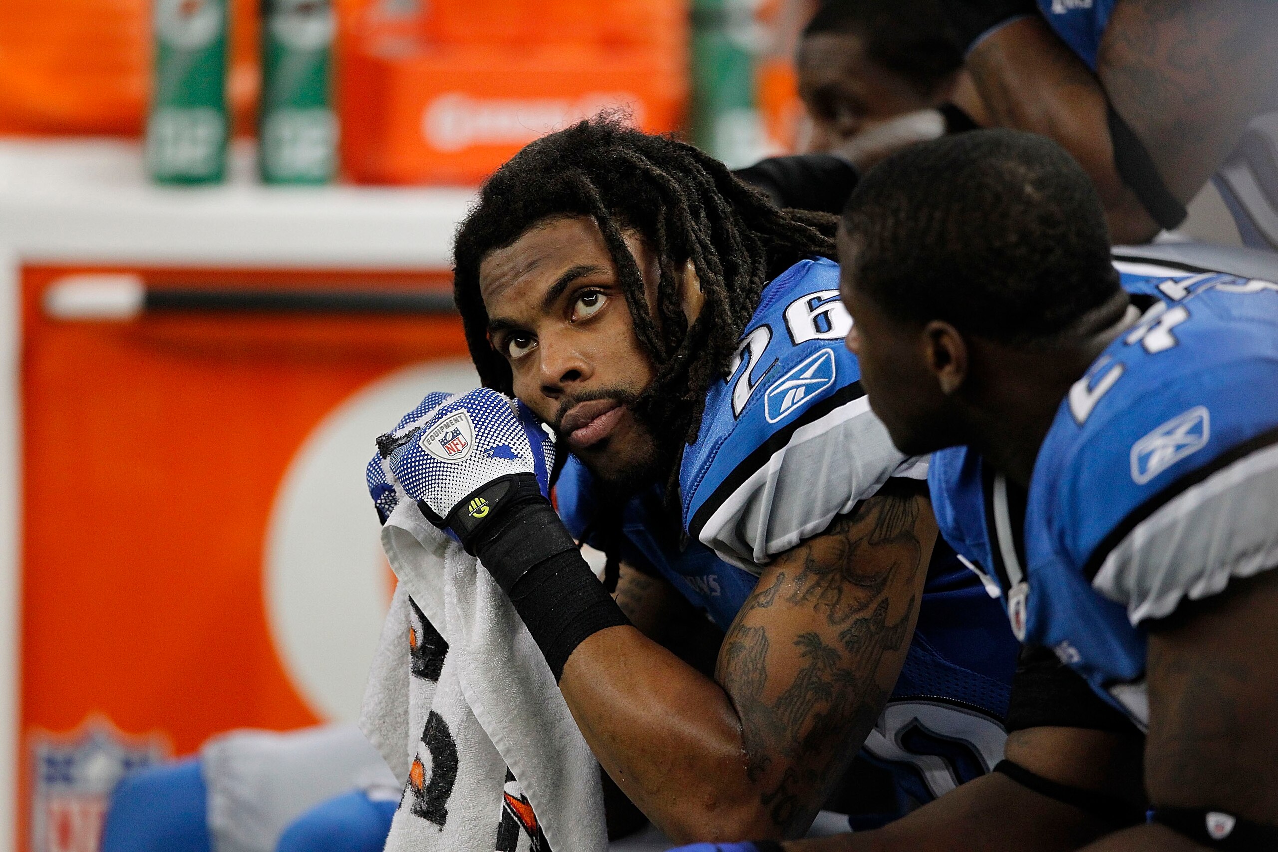 DETROIT - NOVEMBER 07:  Louis Delmas #26 of the Detroit Lions looks on during the Lions overtime loss to the New York Jets at Ford Field on November 7, 2010 in Detroit, Michigan. The Jets defeated the Lions 23-20 in overtime.  (Photo by Leon Halip/Getty I