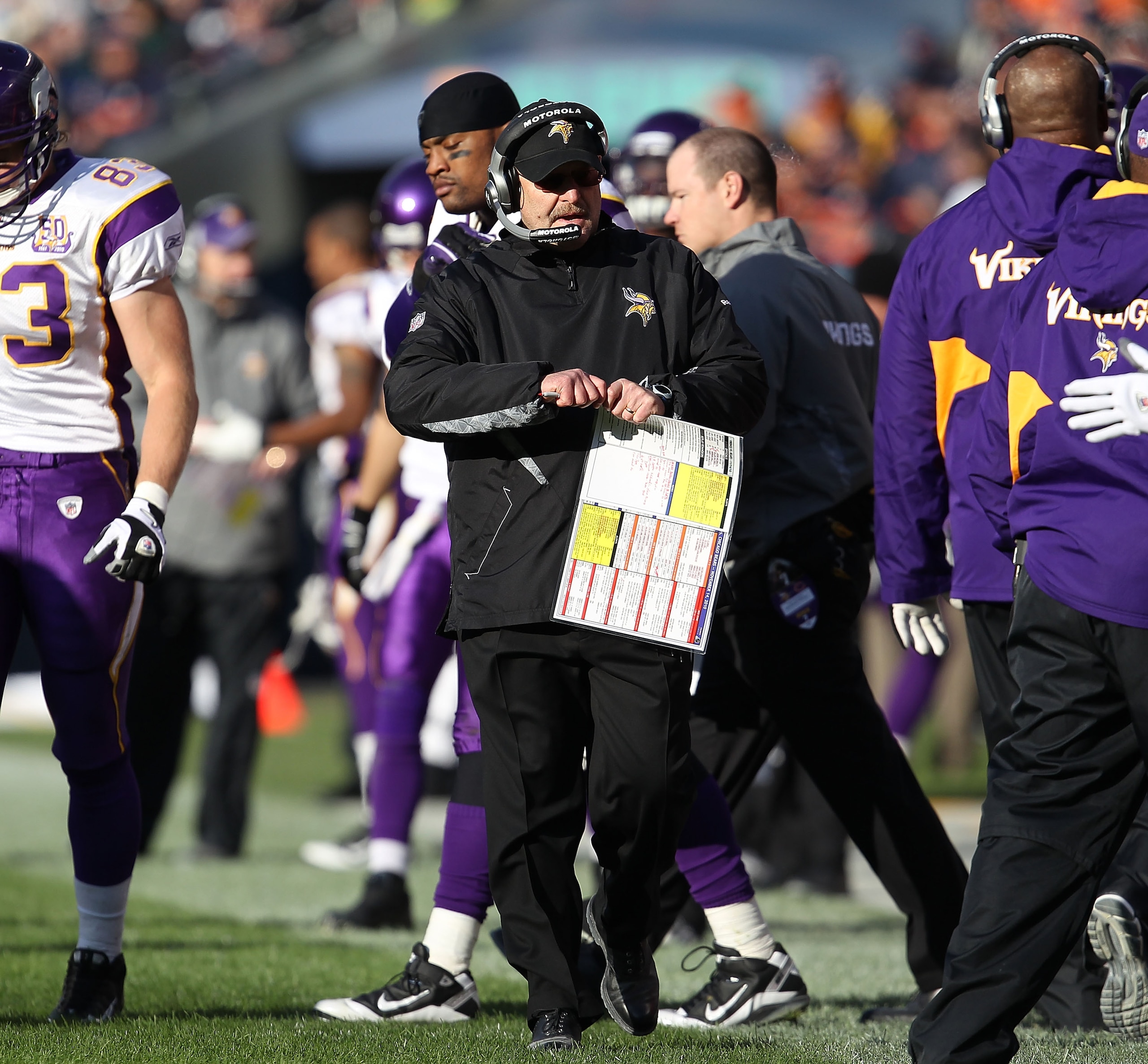 CHICAGO - NOVEMBER 14: Head coach Brad Childress of the Minnesota Vikings watches as his team takes on the Chicago Bears at Soldier Field on November 14, 2010 in Chicago, Illinois. The Bears defeated the Vikings 27-13. (Photo by Jonathan Daniel/Getty Imag CHICAGO - NOVEMBER 14: Head coach Brad Childress of the Minnesota Vikings watches as his team takes on the Chicago Bears at Soldier Field on November 14, 2010 in Chicago, Illinois. The Bears defeated the Vikings 27-13. (Photo by Jonathan Daniel/Getty Imag