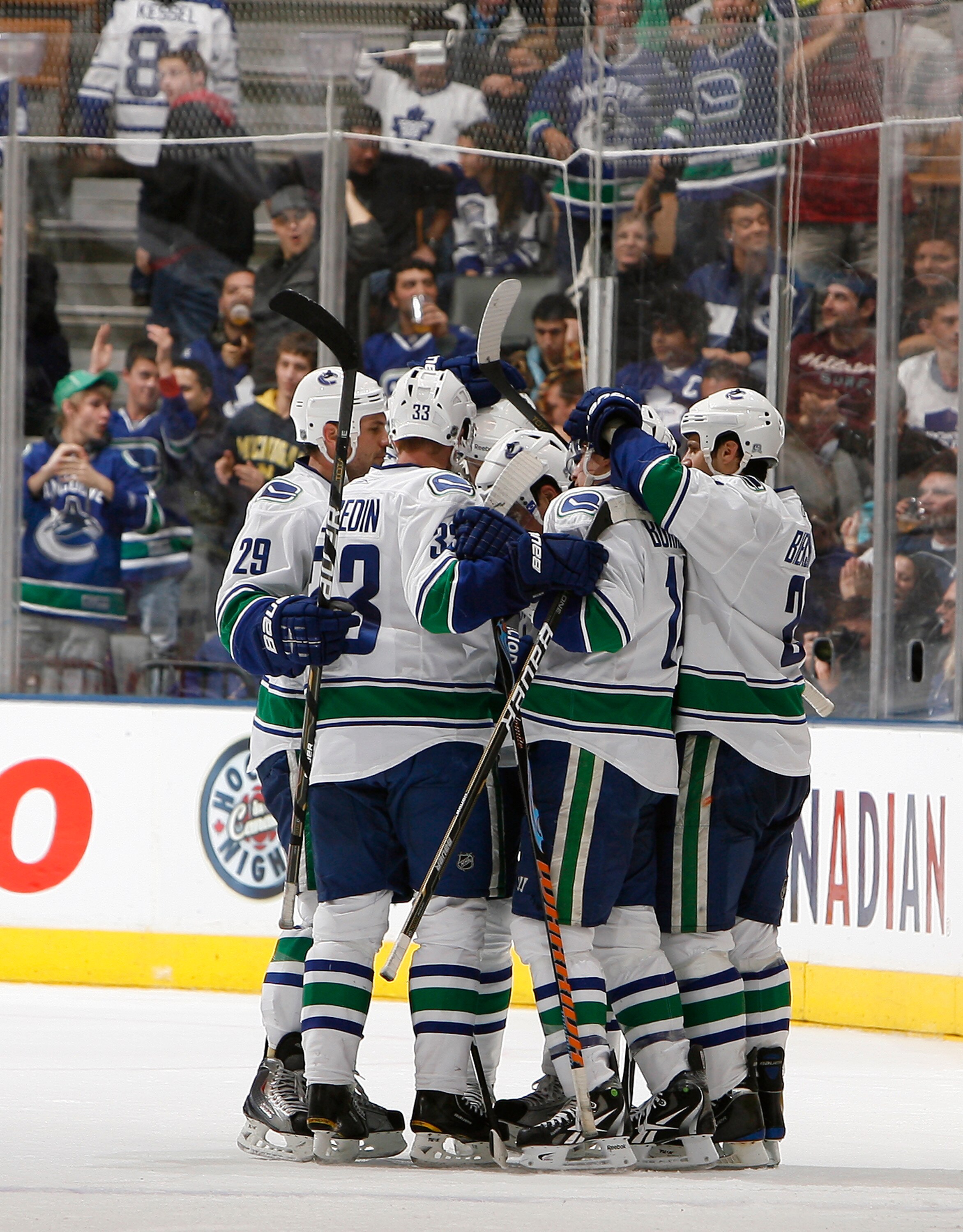 TORONTO - NOVEMBER 13:  The Vancouver Canucks celebrate Dan Hamhuis #2 goal during game action against the Toronto Maple Leafs at the Air Canada Centre November 13, 2010 in Toronto, Ontario, Canada. (Photo by Abelimages / Getty Images)