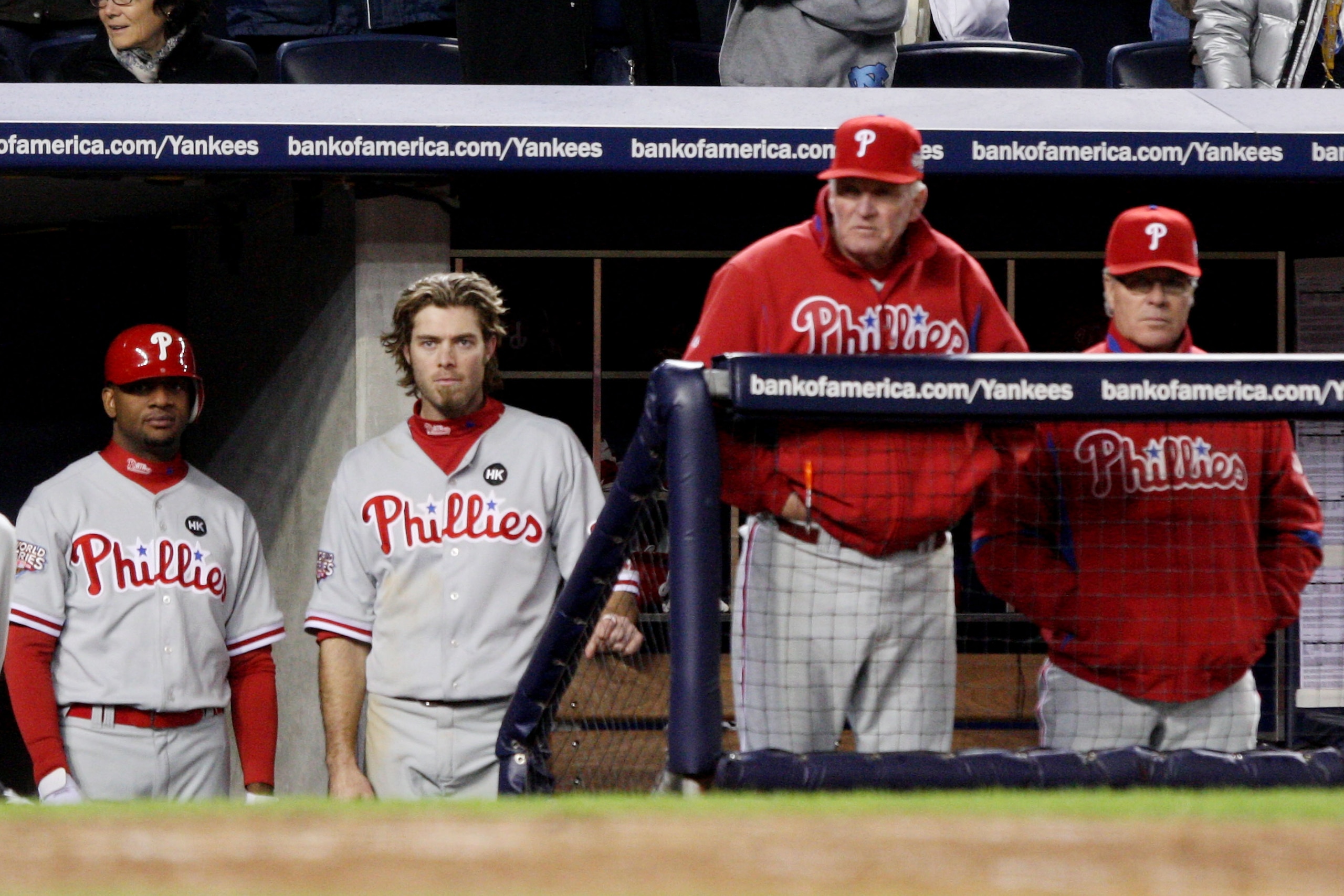 NEW YORK - NOVEMBER 04:  (L-R) Ben Francisco #10, Jayson Werth #28, Charlie Manuel #41 and bench coach Pete Mackanin of the Philadelphia Phillies look on from the dugout in the top of the eighth inning against the New York Yankees in Game Six of the 2009