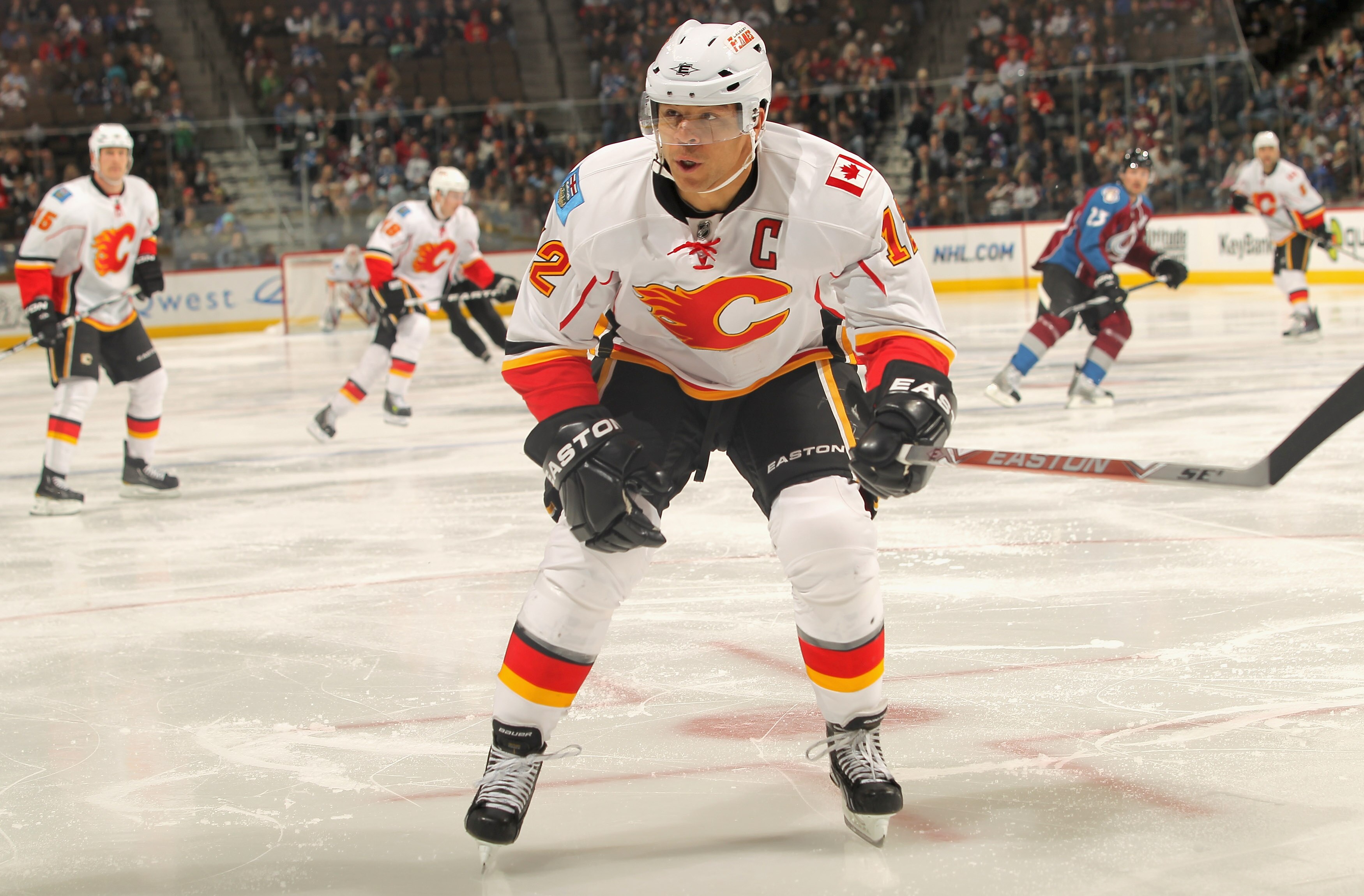 DENVER - NOVEMBER 09:  Jarome Iginla #12 of the Calgary Flames skates against the Colorado Avalanche at the Pepsi Center on November 9, 2010 in Denver, Colorado. The Flames defeated the Avalanche 4-2.  (Photo by Doug Pensinger/Getty Images)