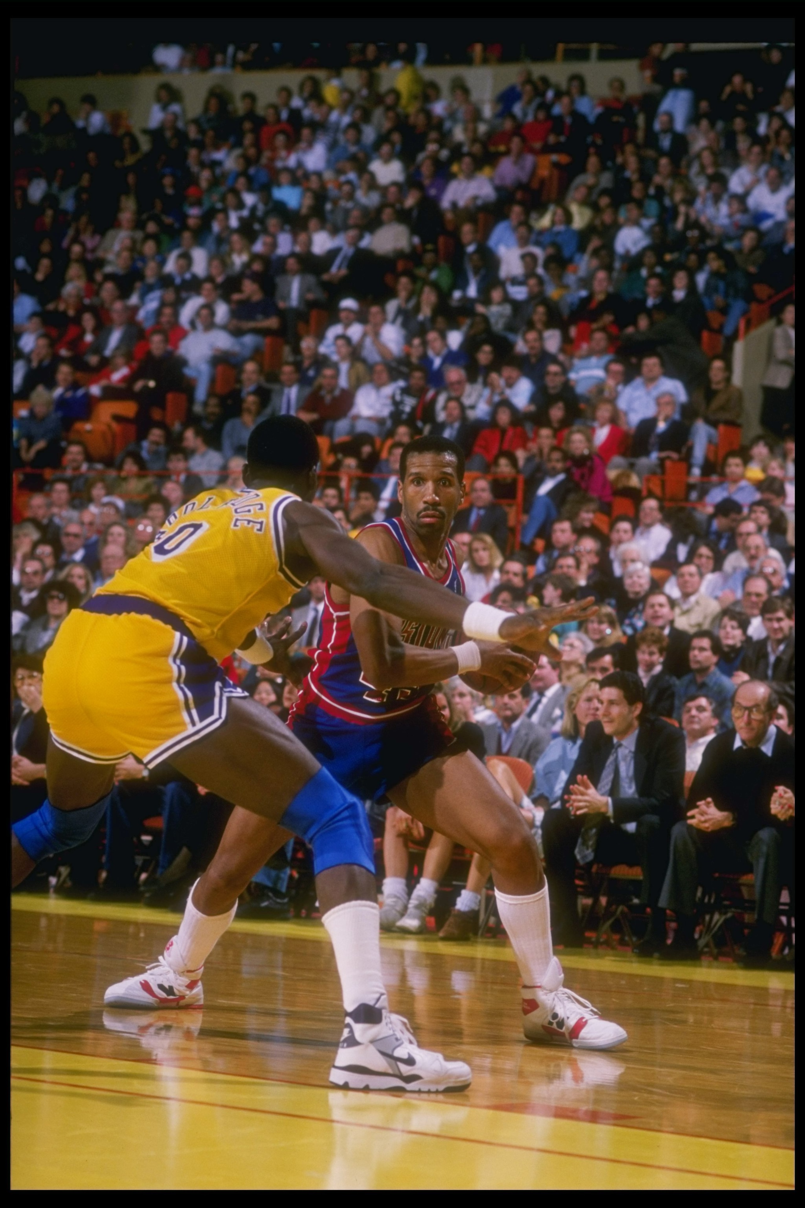1988-1989:  Adrian Dantley of the Detroit Pistons moves the ball during a game. Mandatory Credit: Jonathan Daniel  /Allsport Mandatory Credit: Jonathan Daniel  /Allsport