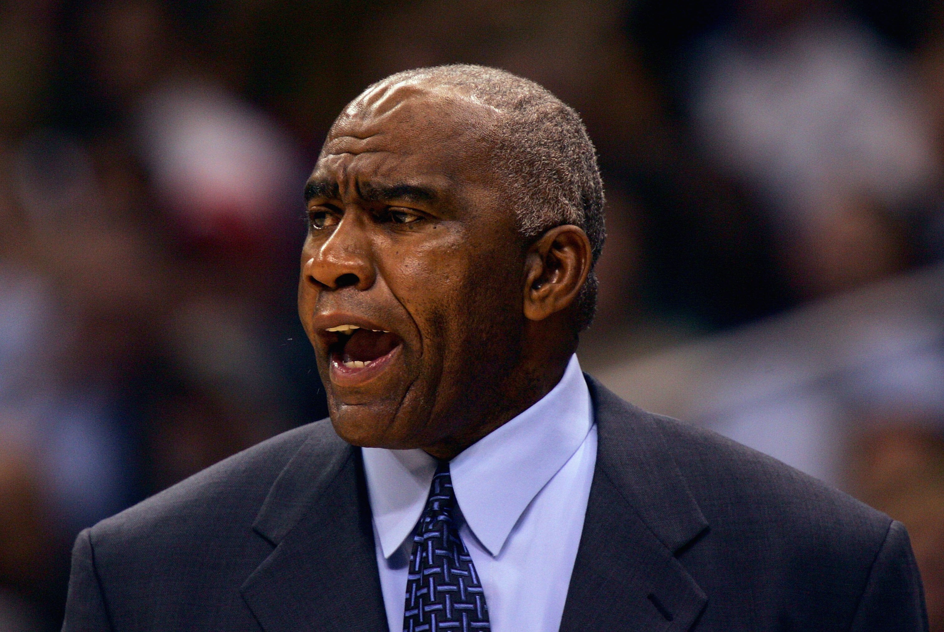 LOS ANGELES - NOVEMBER 8:  Assitant coach Garfield Heard of the Detroit Pistons  yells on the sidelines during the game against the Los Angeles Clippers at Staples Center on November 8, 2004 in Los Angeles, California.  Pistons head coach Larry Brown is o
