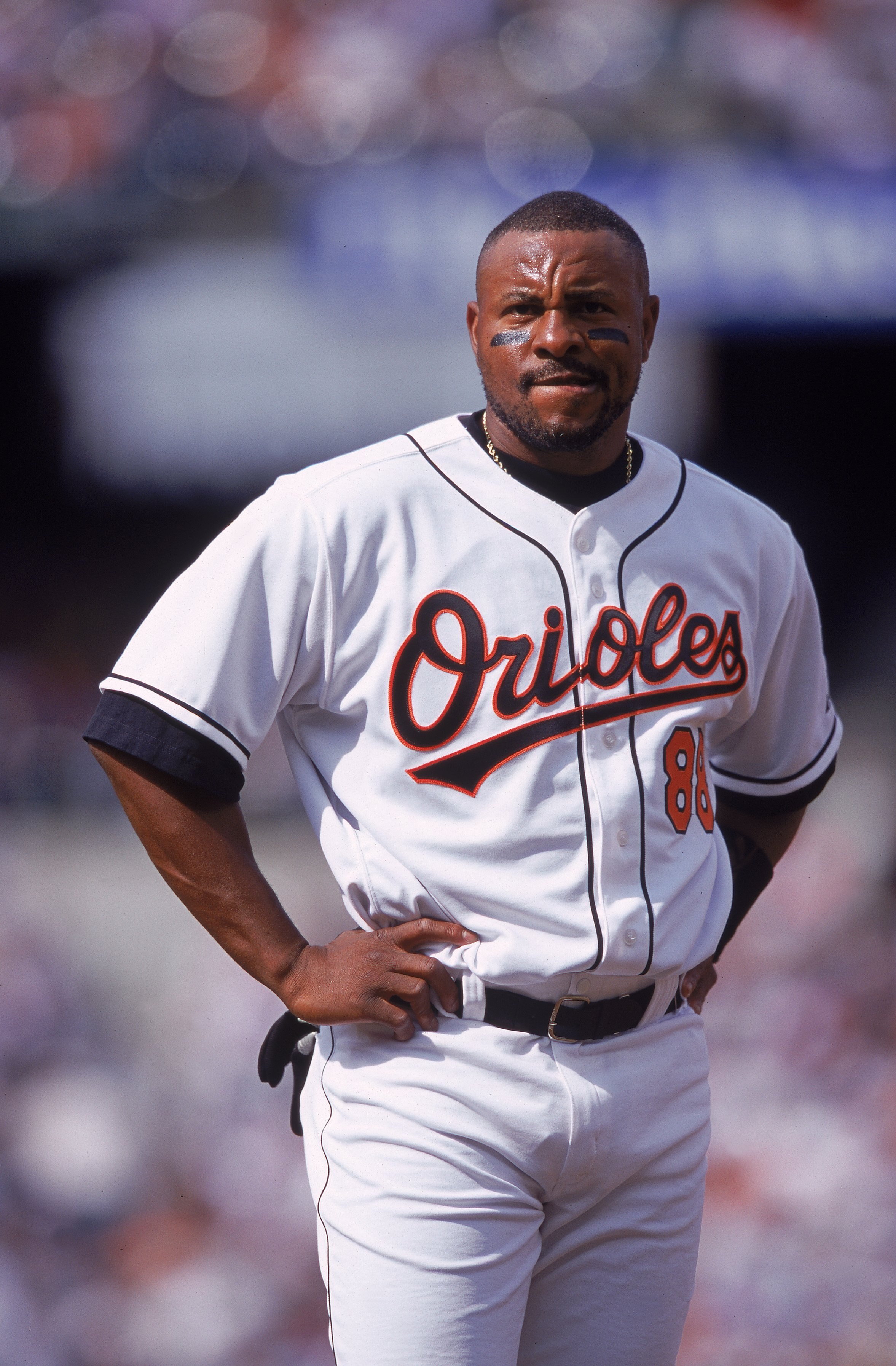 3 Apr 2000:  Albert Belle #88 of the Baltimore Orioles looks on during game against the Cleveland Indians at the Camden Yards in Baltimore, Maryland. The Indians defeated the Orioles 4-1. Mandatory Credit: Doug Pensinger  /Allsport