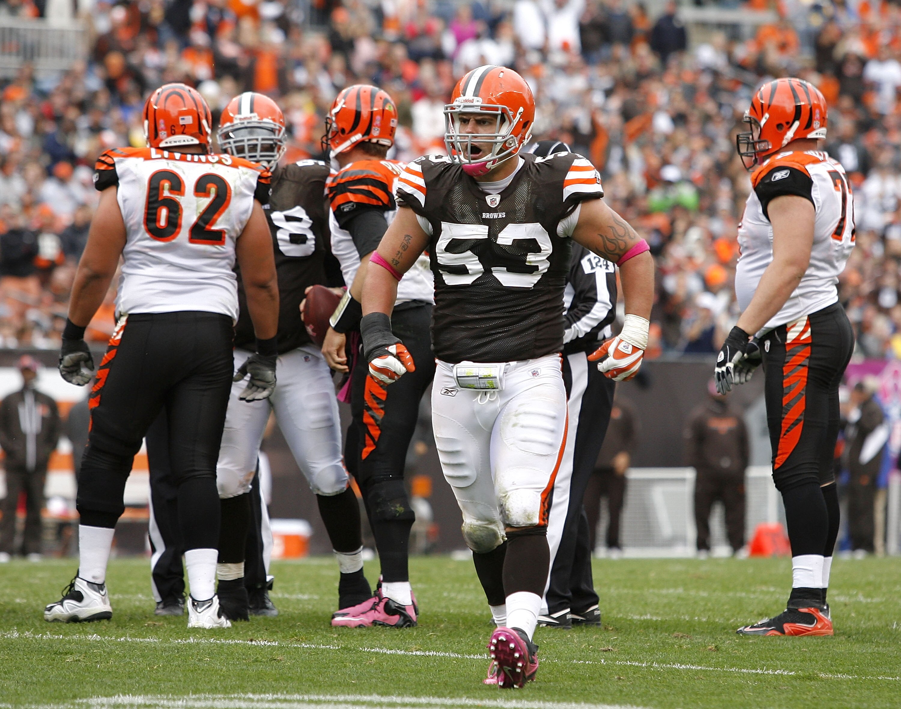 CLEVELAND - OCTOBER 03:  Matt Roth #53 of the Cleveland Browns celebrates after sacking quarterback Carson Palmer #9 of the Cincinnati Bengals at Cleveland Browns Stadium on October 3, 2010 in Cleveland, Ohio.  (Photo by Matt Sullivan/Getty Images)