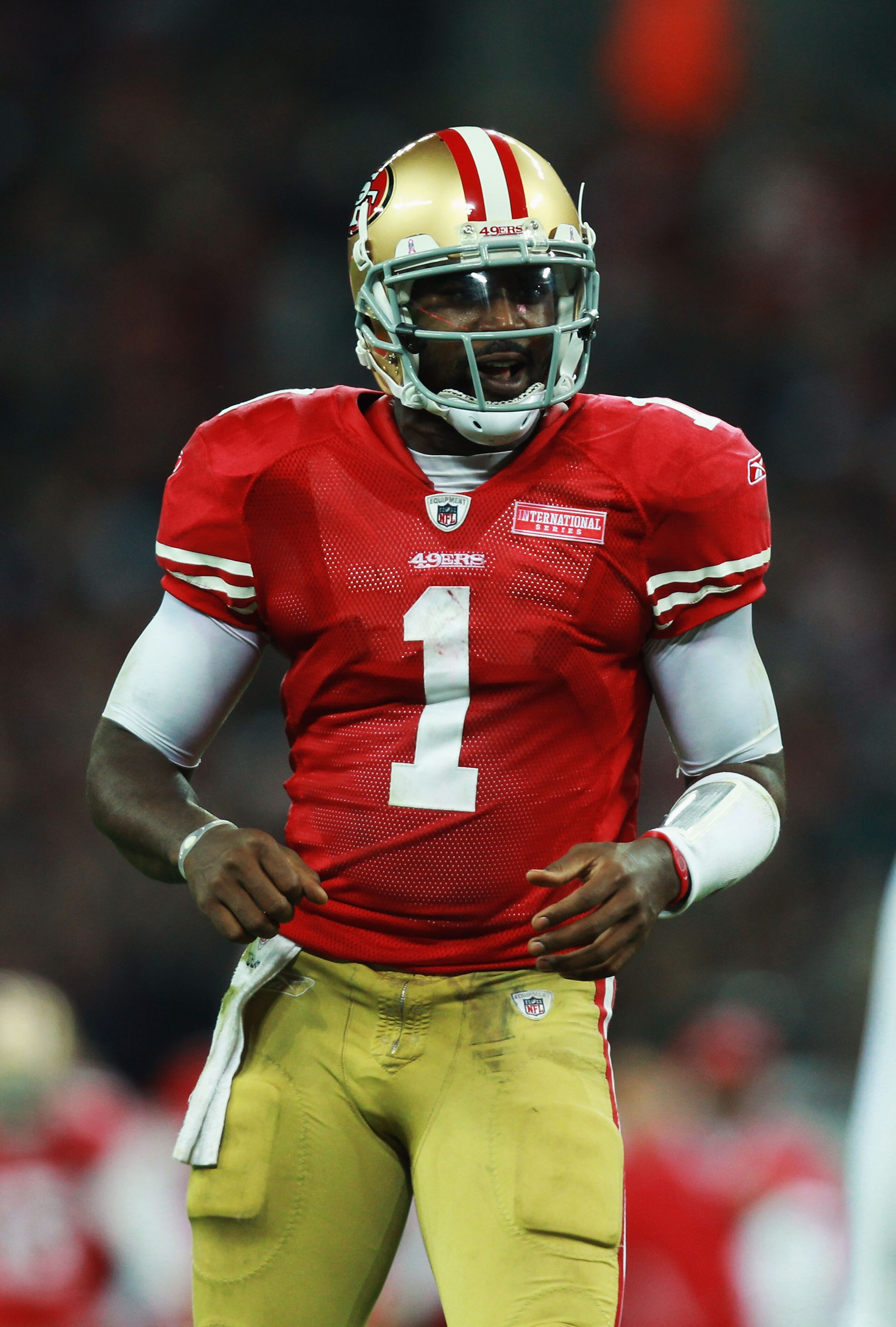 LONDON, ENGLAND - OCTOBER 31:  Troy Smith #1 of San Francisco 49ers in action during the NFL International Series match between Denver Broncos and San Francisco 49ers at Wembley Stadium on October 31, 2010 in London, England. This is the fourth occasion w