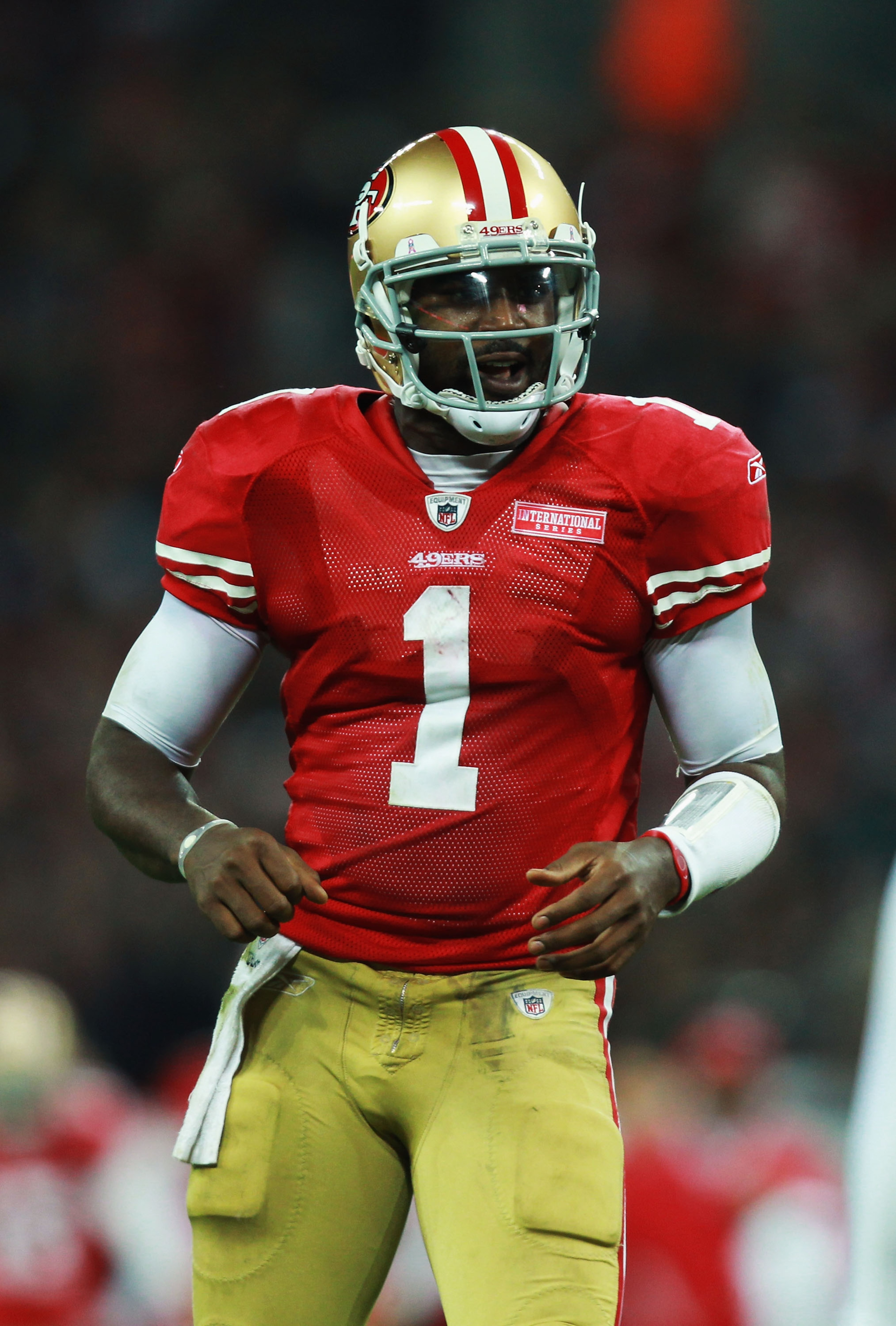 LONDON, ENGLAND - OCTOBER 31:  Troy Smith #1 of San Francisco 49ers in action during the NFL International Series match between Denver Broncos and San Francisco 49ers at Wembley Stadium on October 31, 2010 in London, England. This is the fourth occasion w