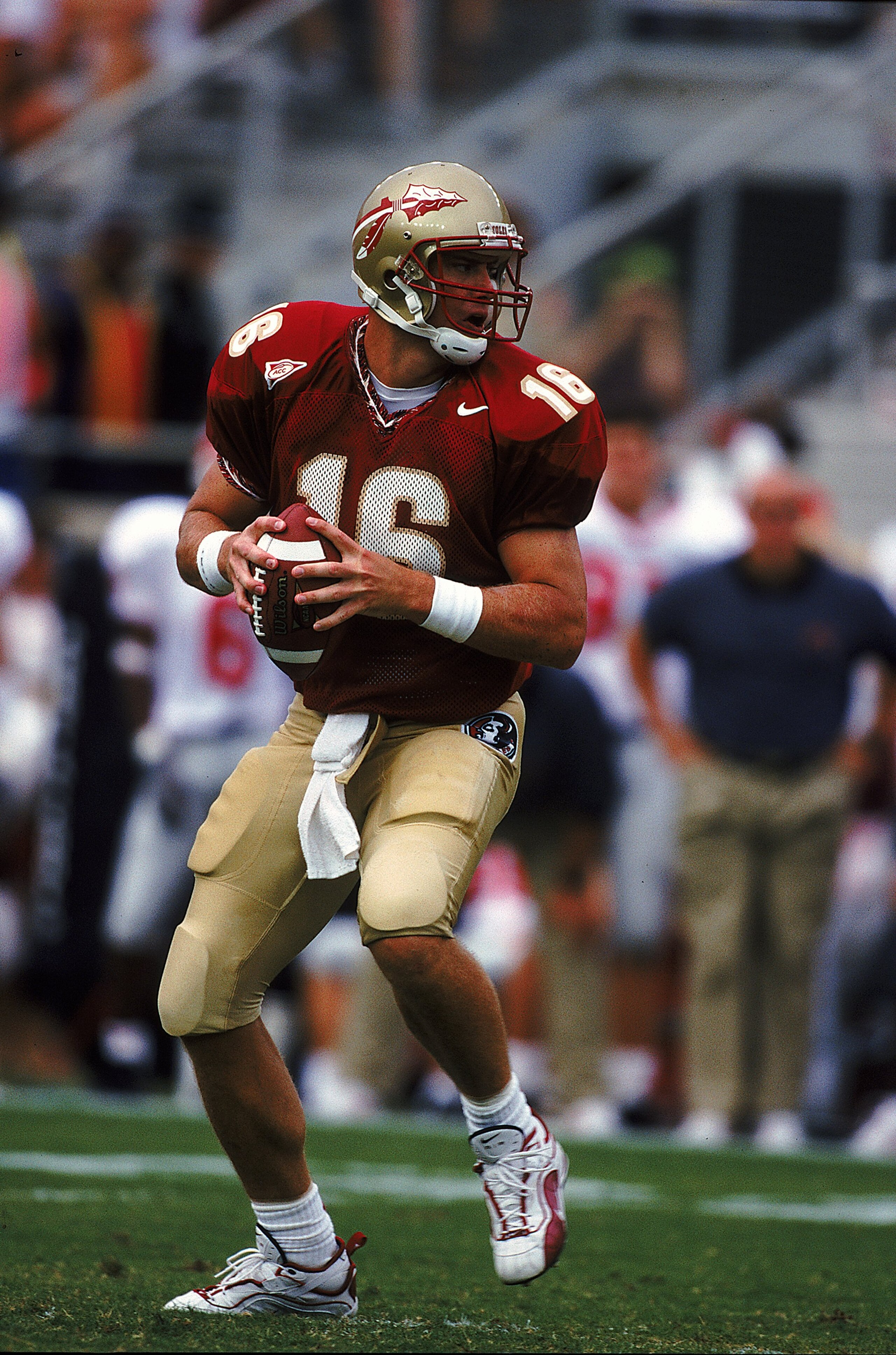 18 Sep 1999: Chris Weinke #16 of the Florida State Seminoles moves back to pass the ball during the game against the North Carolina State Wolfpack at the Doke Campbell Stadium in Tallahassee, Florida. The Seminoles defeated the Wolfpack 42-11. 18 Sep 1999: Chris Weinke #16 of the Florida State Seminoles moves back to pass the ball during the game against the North Carolina State Wolfpack at the Doke Campbell Stadium in Tallahassee, Florida. The Seminoles defeated the Wolfpack 42-11.