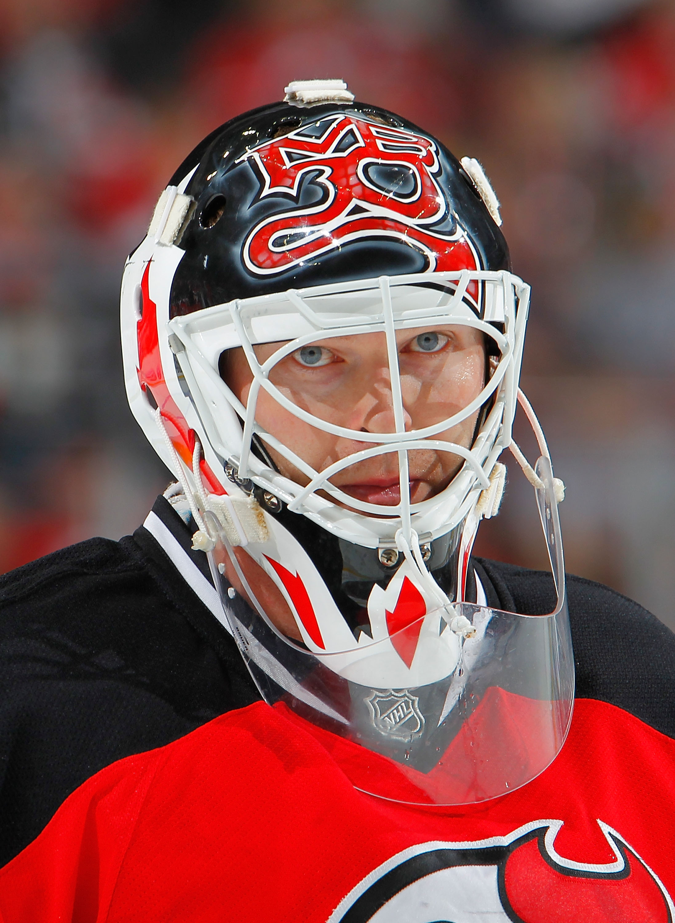 NEWARK, NJ - NOVEMBER 12:  Goalie Martin Brodeur #30 of the New Jersey Devils during a break in a hockey game against the Edmonton Oilers at the Prudential Center on November 12, 2010 in Newark, New Jersey.  (Photo by Paul Bereswill/Getty Images)