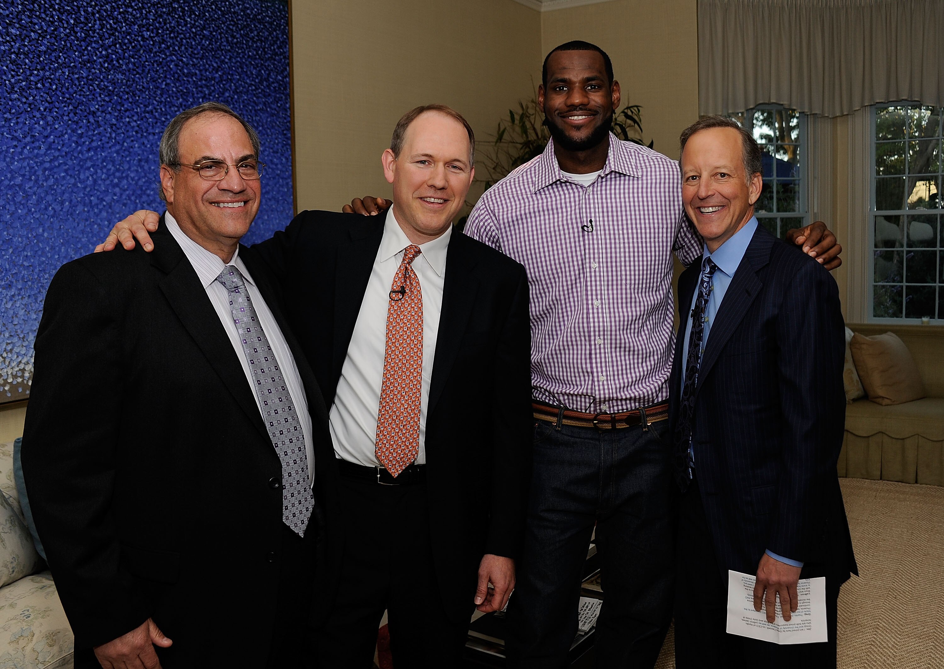 GREENWICH, CT - JULY 08:  (EXCLUSIVE COVERAGE) (L-R) Jim D'Amico, President and CEO of Apollo Group University of Phoenix, Greg Cappelli, Co CEO of Apollo Group University od Phoenix, LeBron James and ESPN's Jim Gray attend the LeBron James Pre Decision M