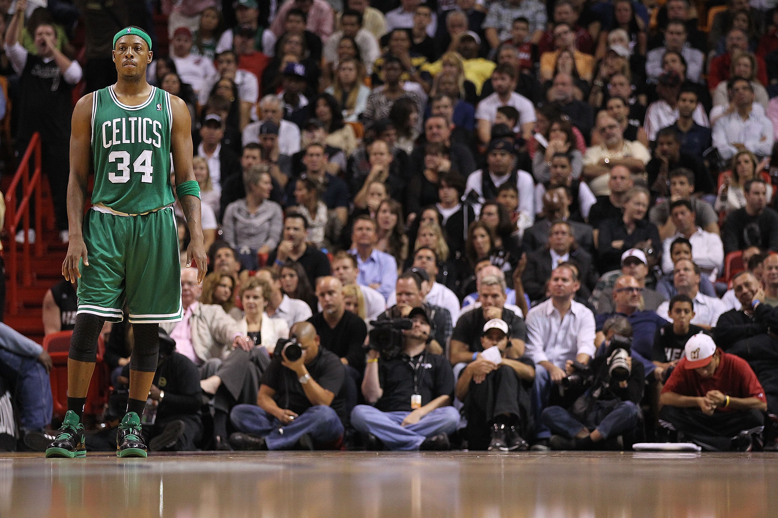 MIAMI - NOVEMBER 11:  Paul Pierce #34 of the Boston Celtics waits during a foul shot during a game against the Miami Heat at American Airlines Arena on November 11, 2010 in Miami, Florida. NOTE TO USER: User expressly acknowledges and agrees that, by down
